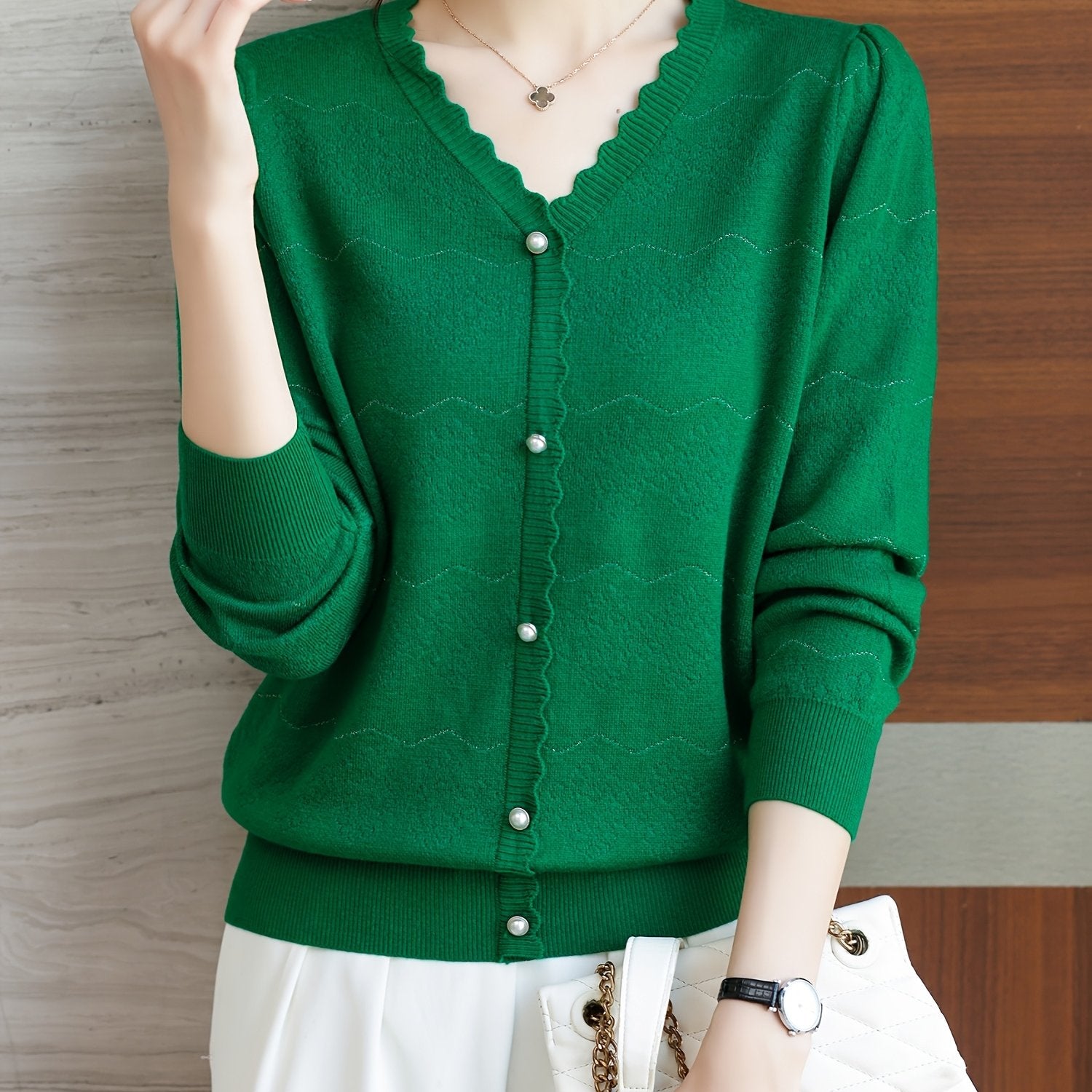 Women'S Elegant V-Neck Blouse - Lightweight Breathable Long Sleeve Shirt with Button Front
