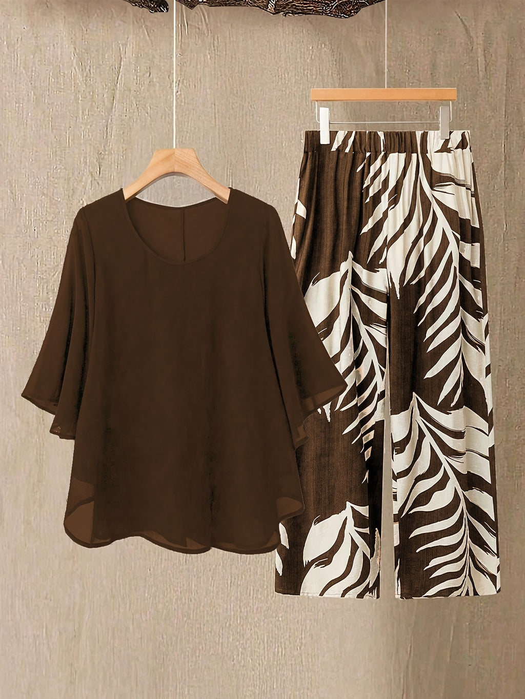 Elegant Chiffon Blouse & Leaves Print Pants Set - Stylish Round Neck, Short Sleeve