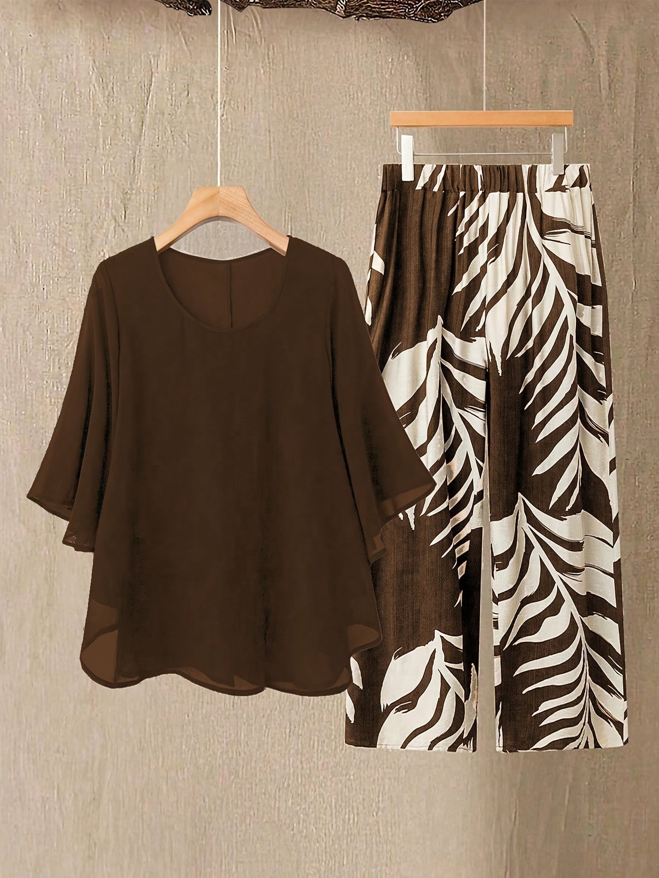 Elegant Chiffon Blouse & Leaves Print Pants Set - Stylish Round Neck, Short Sleeve