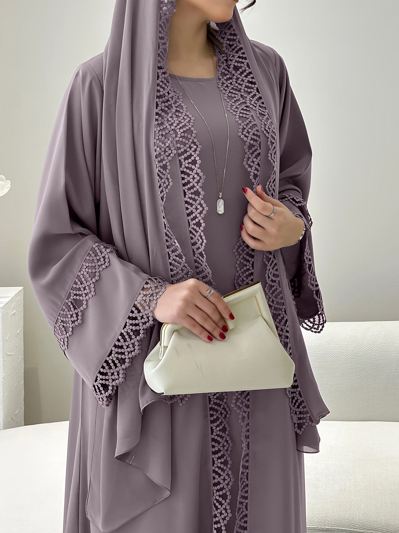 2pcs Set with Lace Trim Muslim Kaftan