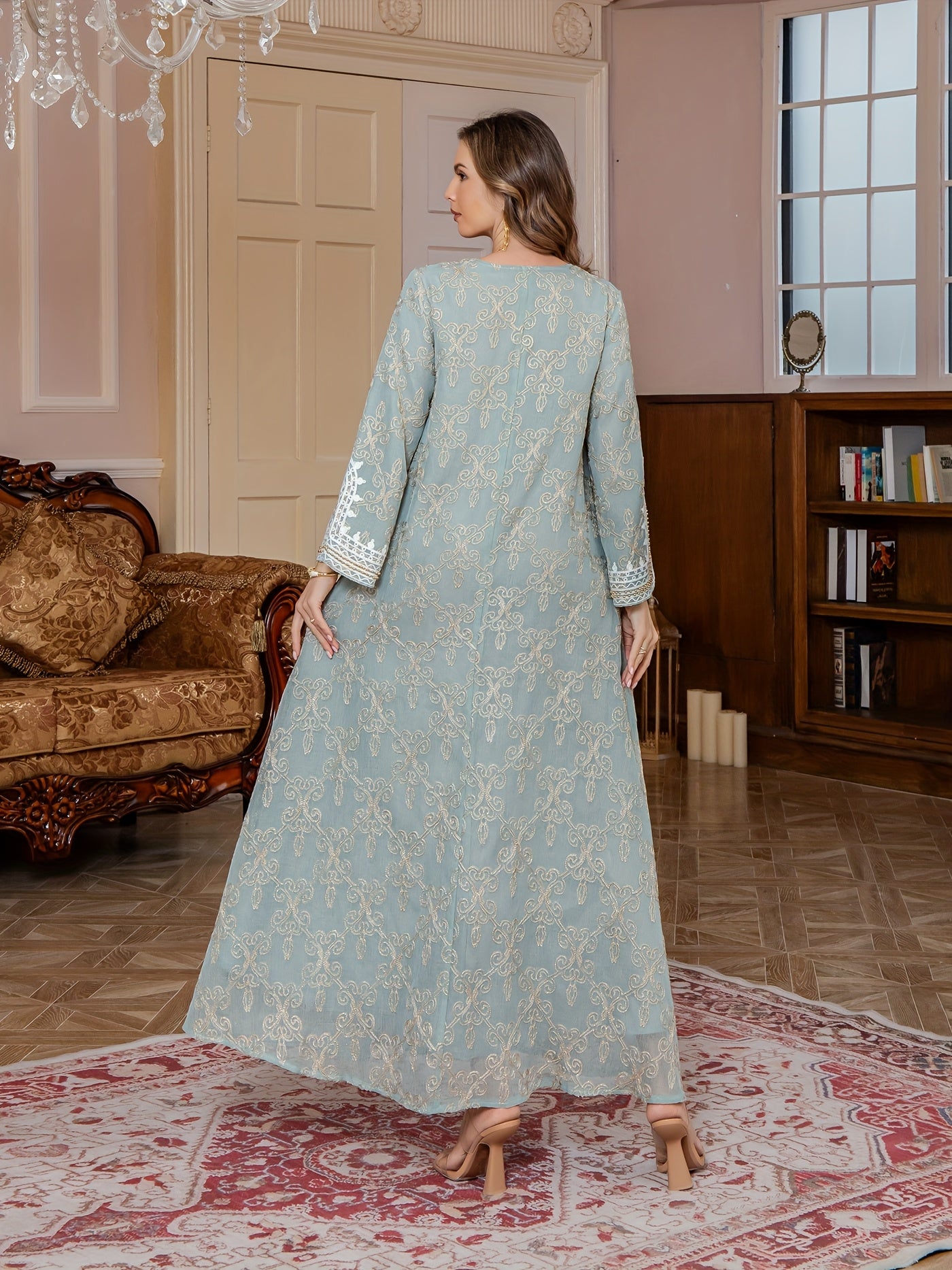 Middle Eastern Embroidered Abaya Long Robe, Light Luxury Evening Gown Two-Piece Dress for Women