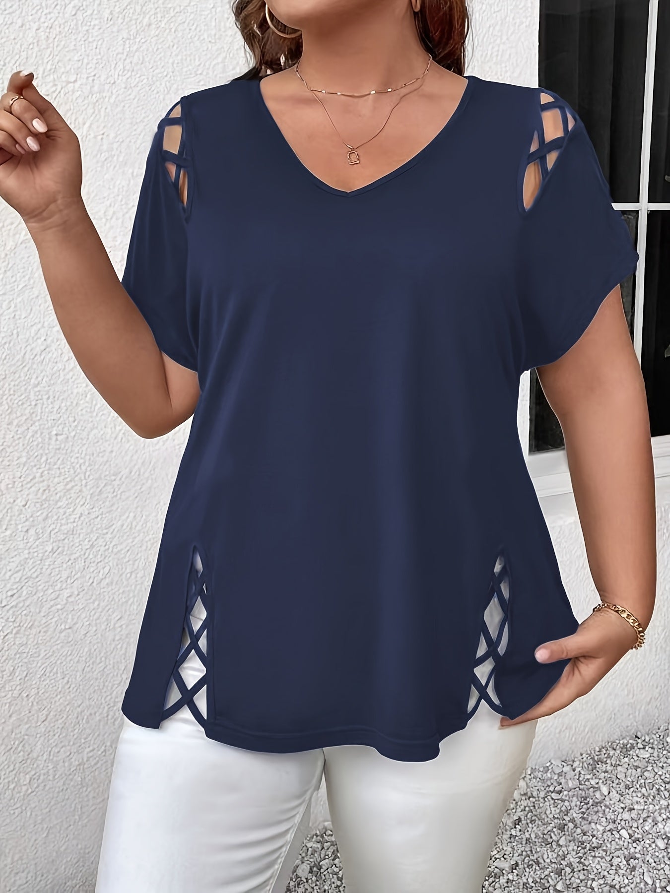 [Elegant T-Shirt] Elegant Plus Size Women's V-Neck T-Shirt | Stretchy Solid Black Top for Spring/Summer, Resort Style Casual & Vacation Wear,