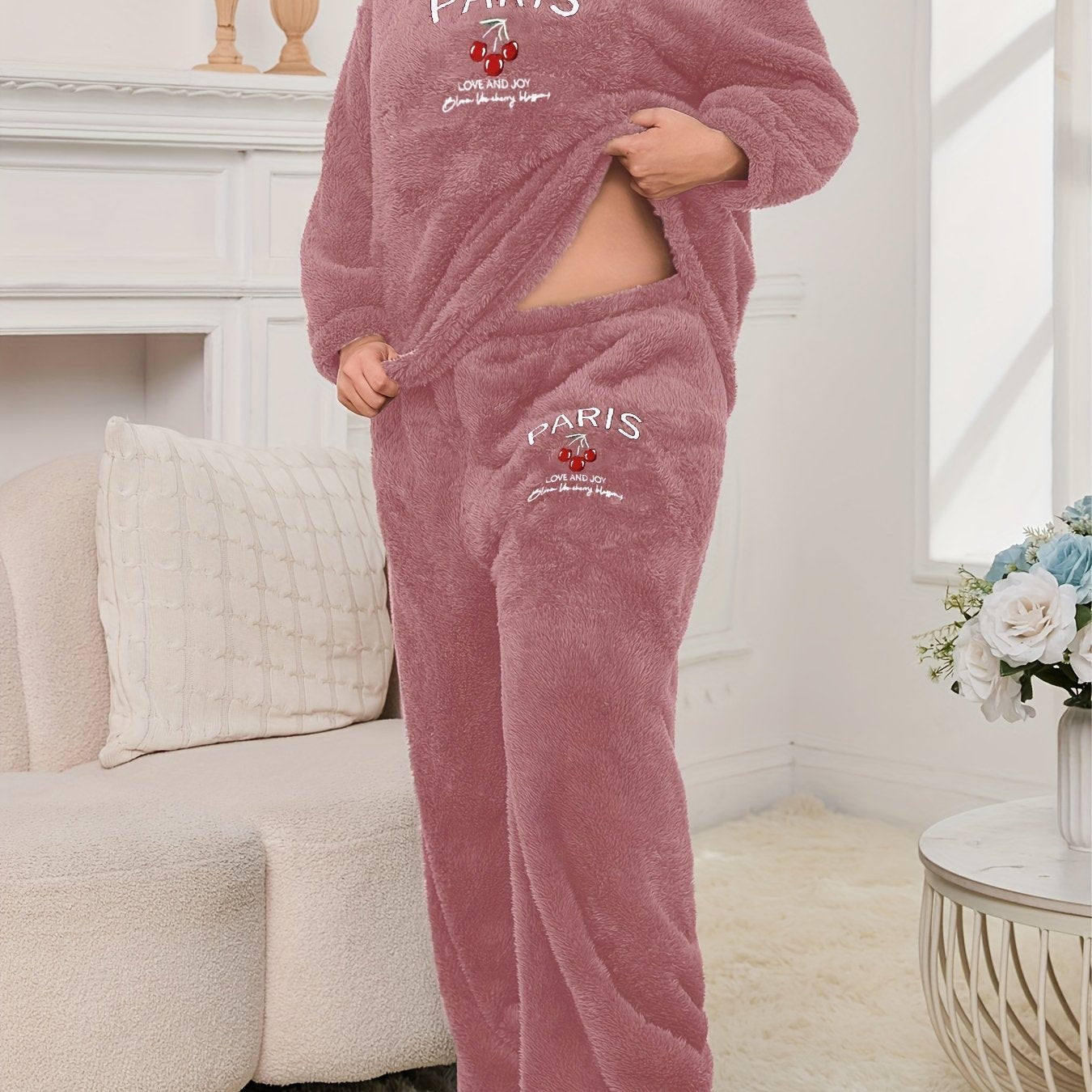 Women's Pajama Set with Letter and Cherry Print, Thickened Warm