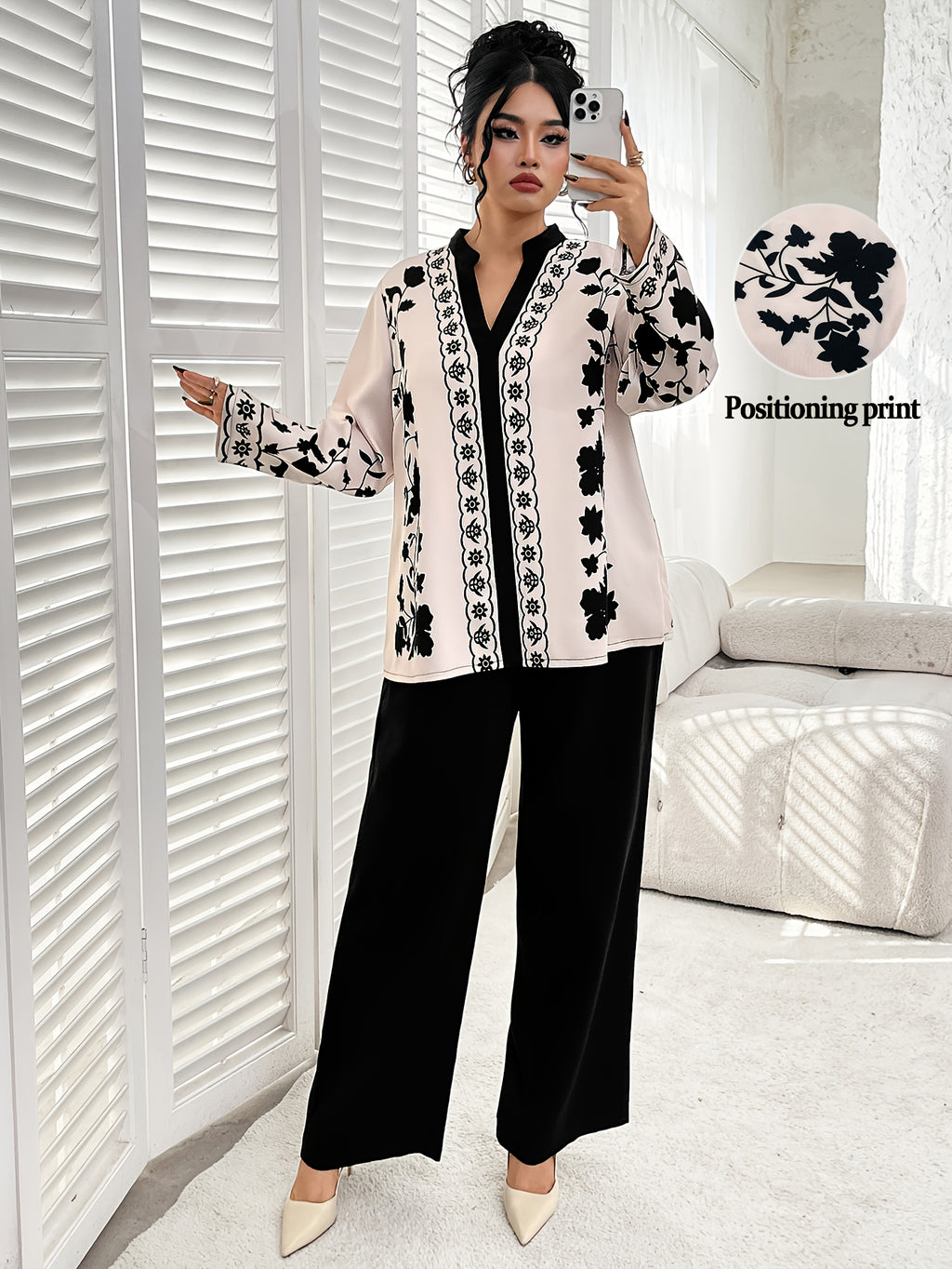 Plus Size - Elegant Floral Print Long Sleeve Blouse with Stand Collar