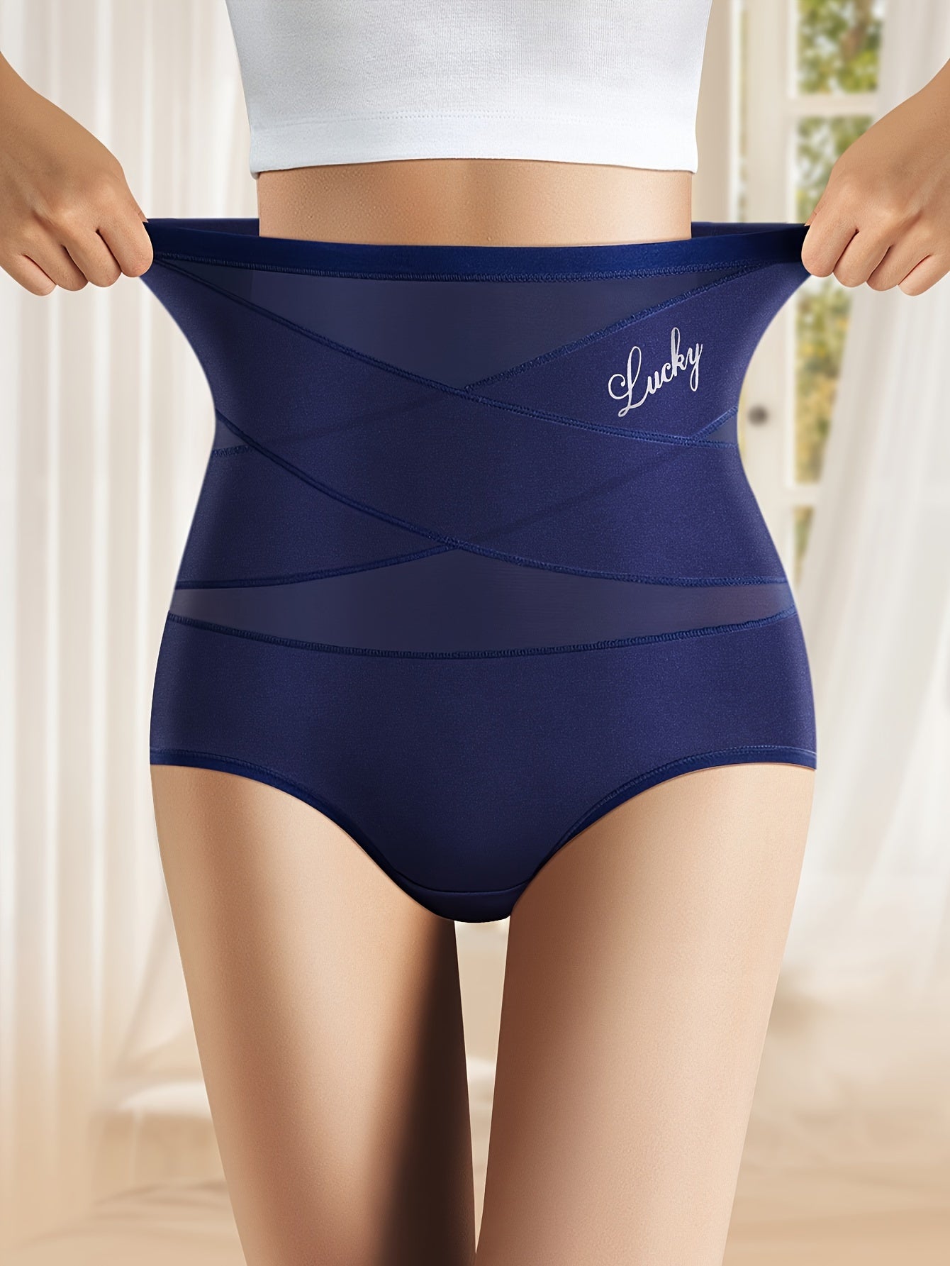 1pc MIOTAN High-Waisted Tummy Control Women'S Briefs, Breathable Mesh Crossed Waist Cincher, Fiber, Seamless Shaping Underwear with Butt Lifting, Elegant Solid Color, 90% Polyester 10% Elastane, 200gsm Knit Fabric - 1pc