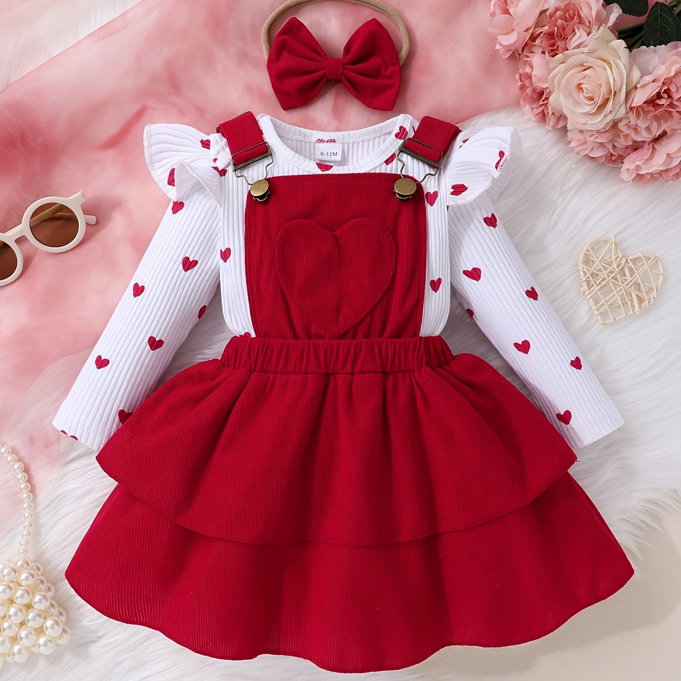 Set of 3pcs Baby Girl Heart Print Leaf Sleeve Top