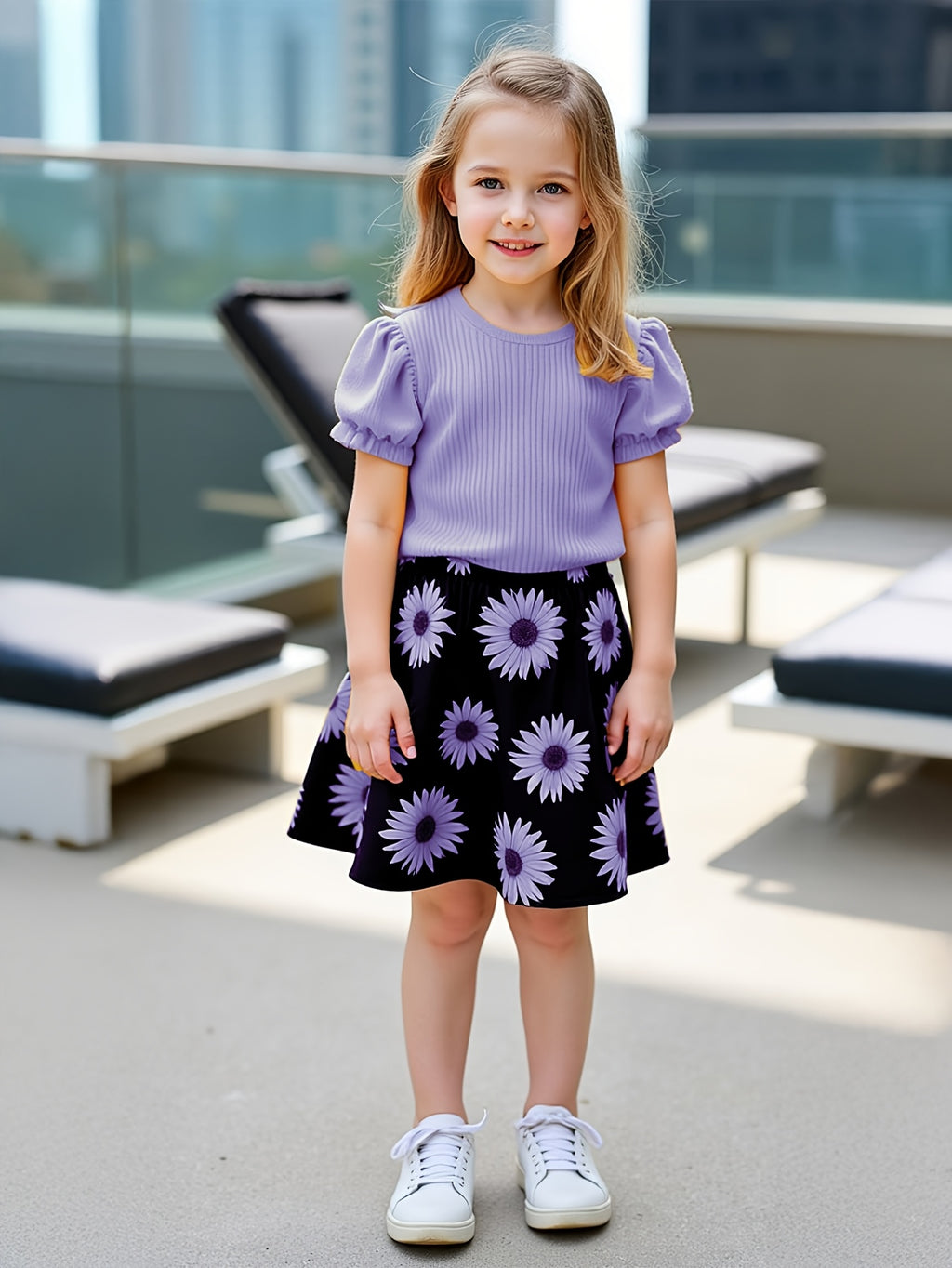 Girls' Sunflower Print Short Sleeve Top + Skirt Set