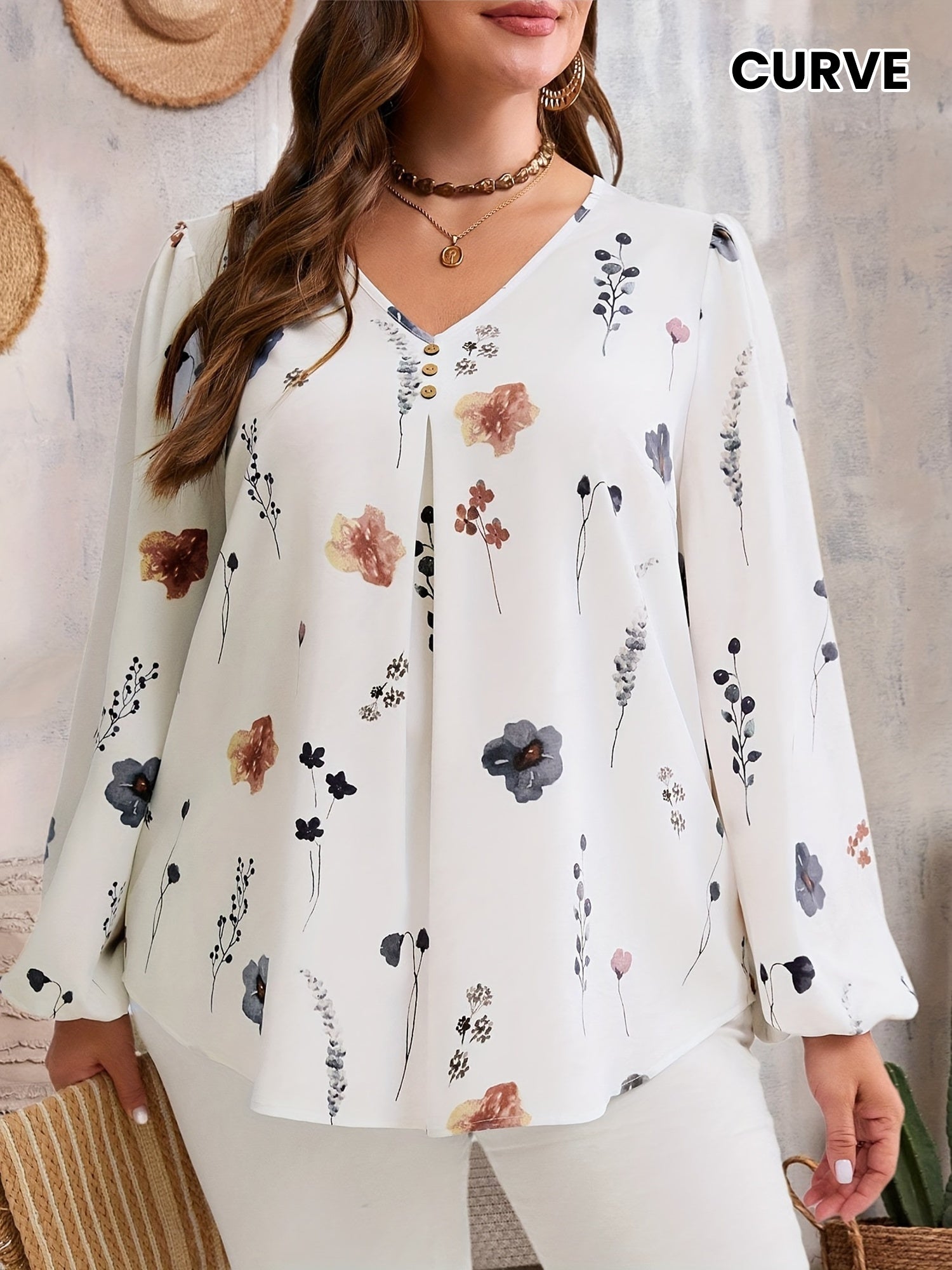 Elegant V Neck Long Sleeve Blouse Plus Size