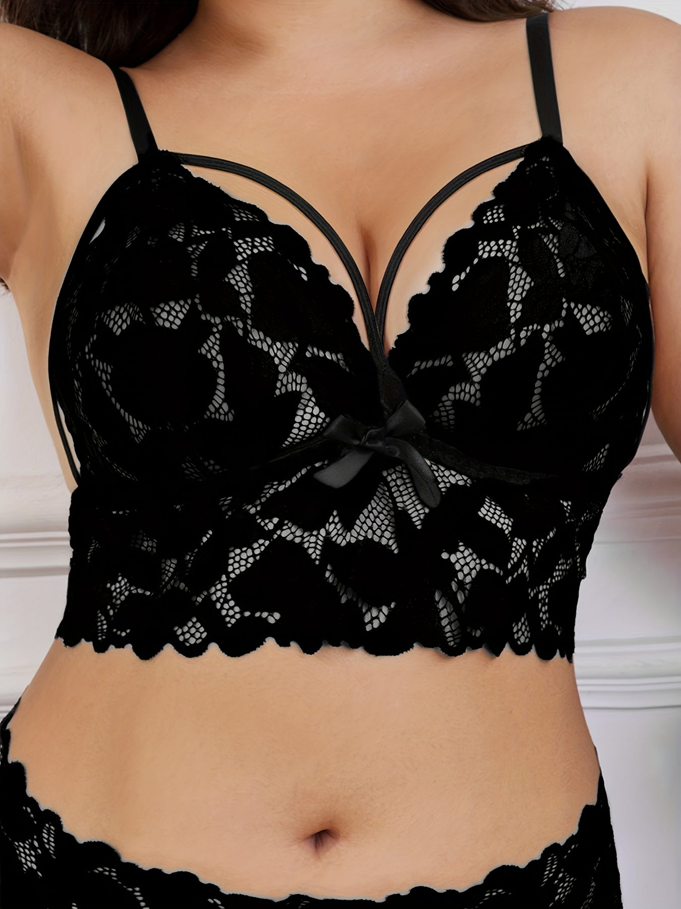 [1 Set Plus Size Underwear] 1 Set Plus Size Semi-Sheer Breathable Women's Fashion Floral Print Lace-Up Cross Strap Bow Decorated Underwear Bra & Panties Set
