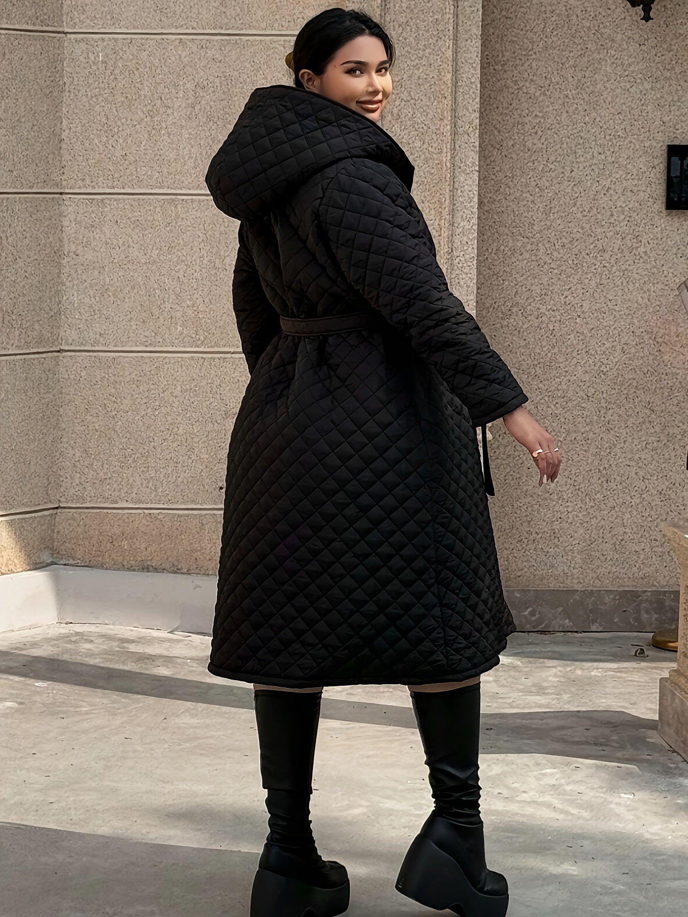 Elegant Fashion Quilted Over-the-Knee Dress with a Loose Hooded Design, Featuring a Belt for Women.