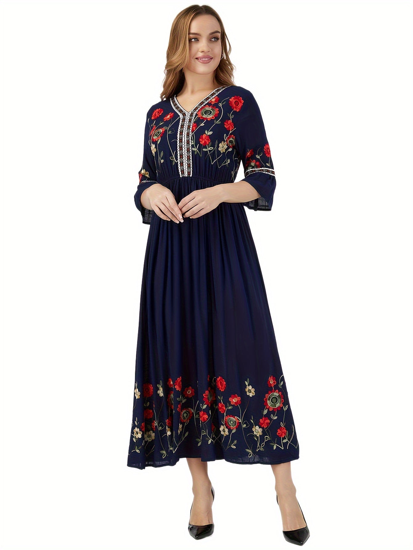 Elegant Green Embroidered Maxi Dress with V-Neck and Ruffle Sleeves
