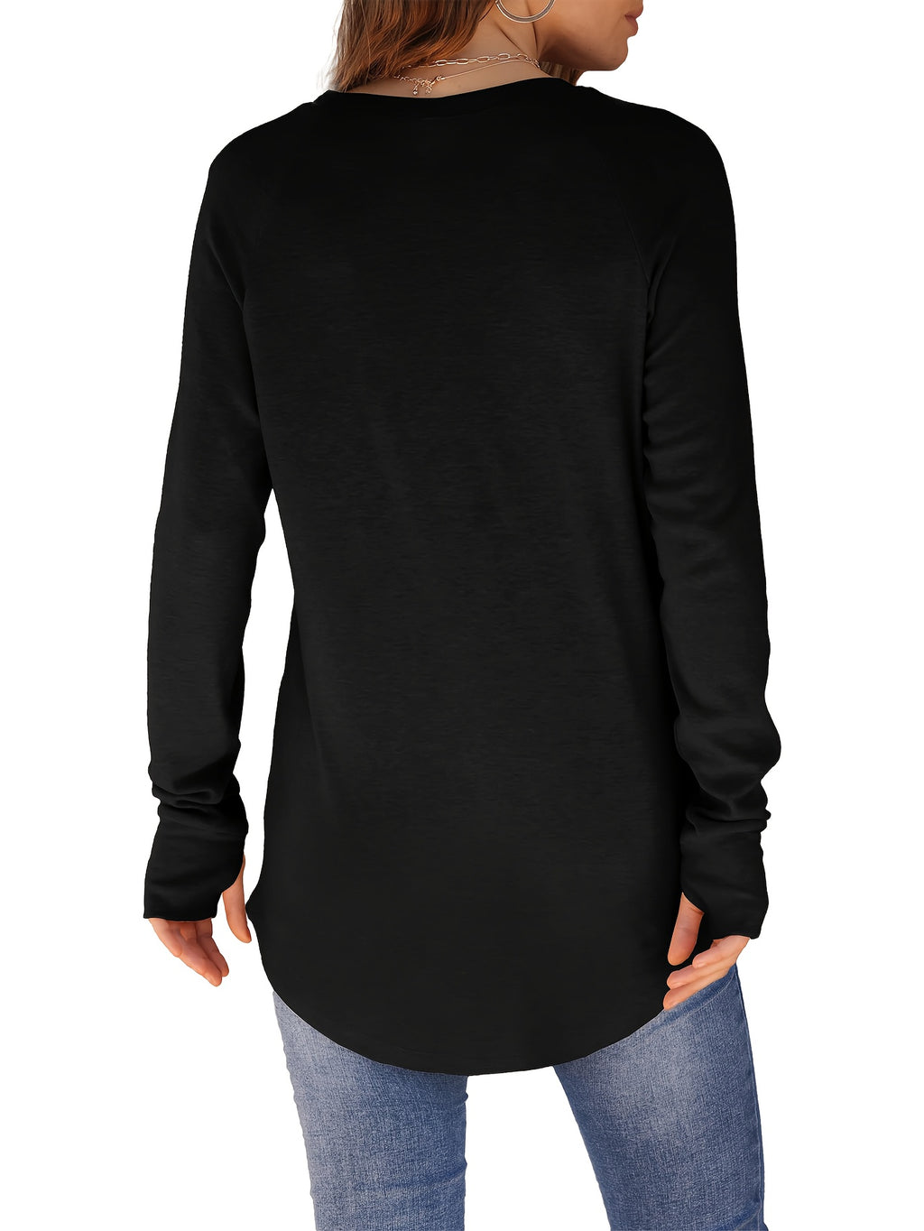 Women's Casual Long Sleeve T-Shirt with Thumb Hole - Solid Color