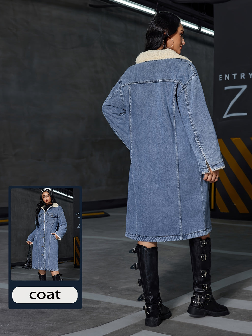 Women's Vintage Washed Denim Jacket - Thickened Winter Coat with Beltless Lapel Collar, Long Sleeve