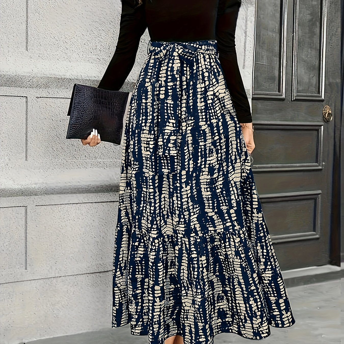 Women's Elegant Bubble Long Sleeve Midi Dress with Adjustable Waist Belt