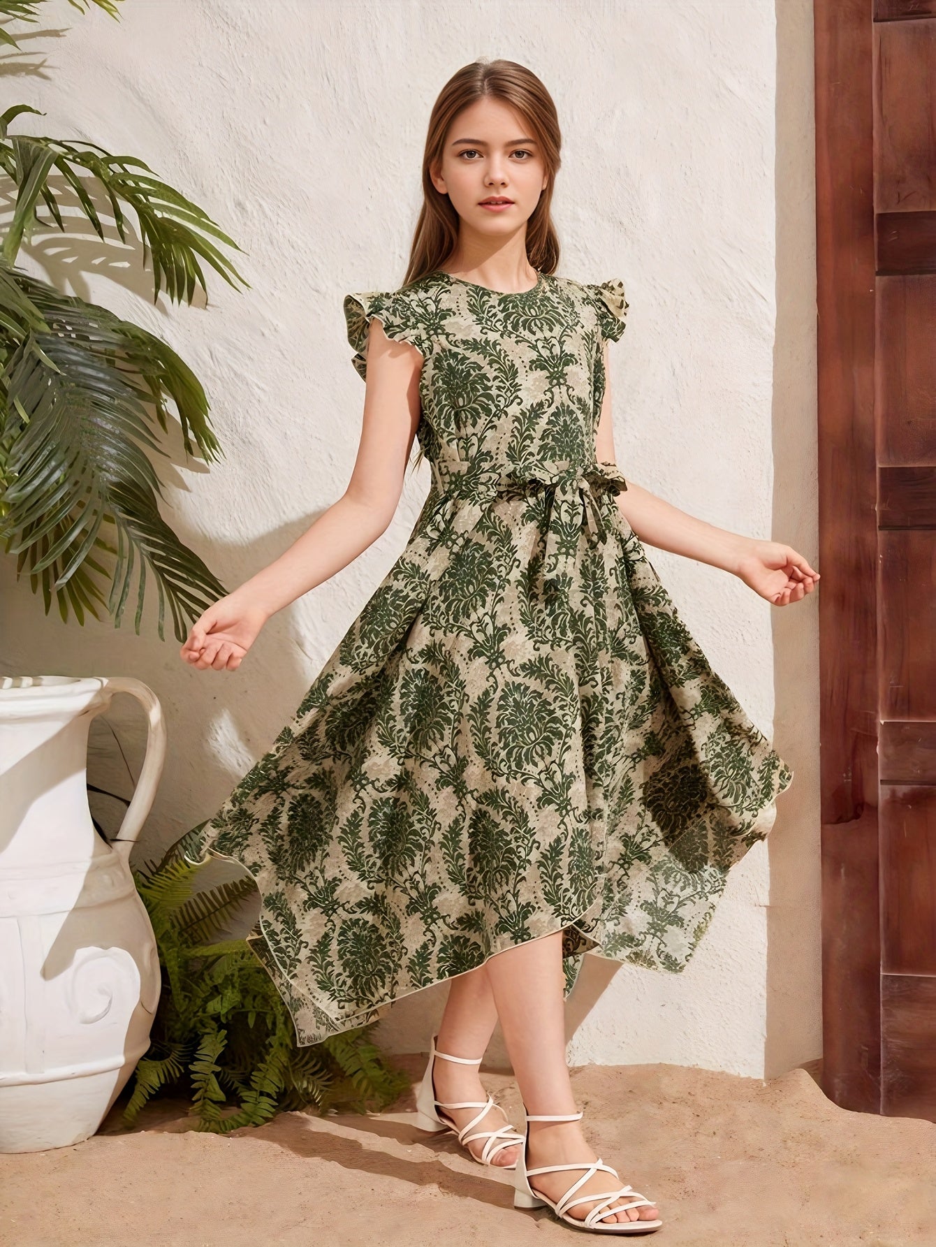 French Vintage Elegance Girls' Mid-Length Floral Print Dress