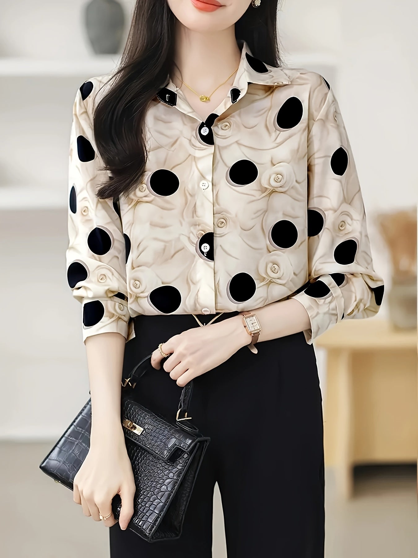 Elegant Polka Dot & Floral Print Long Sleeve Collared Blouse for Women