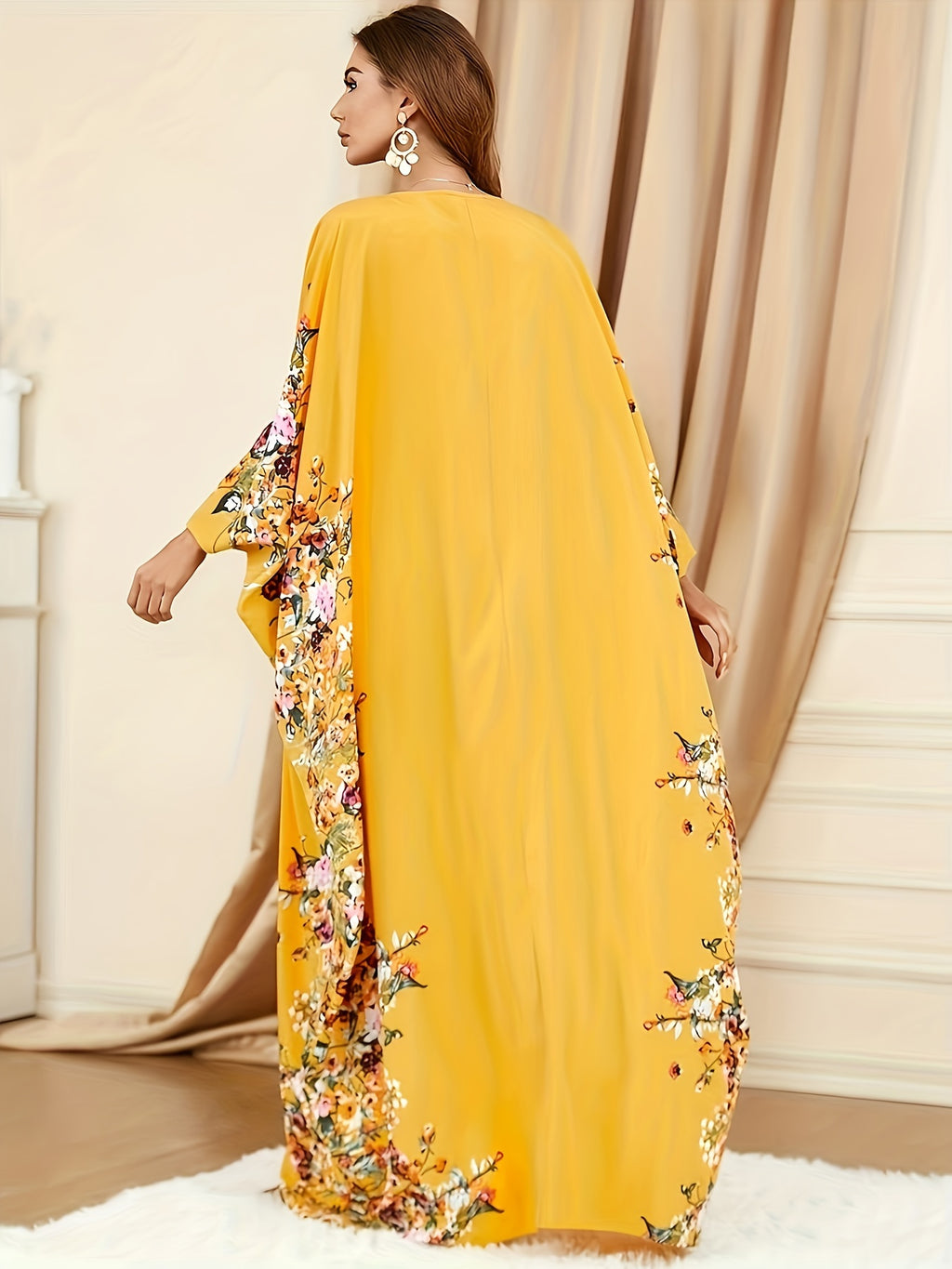 Floral Print Polyester Women's Elegant Batwing Sleeve Kaftan Dress
