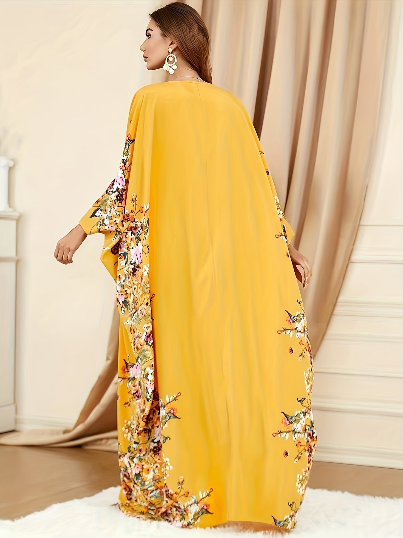 Floral Print Polyester Women's Elegant Batwing Sleeve Kaftan Dress