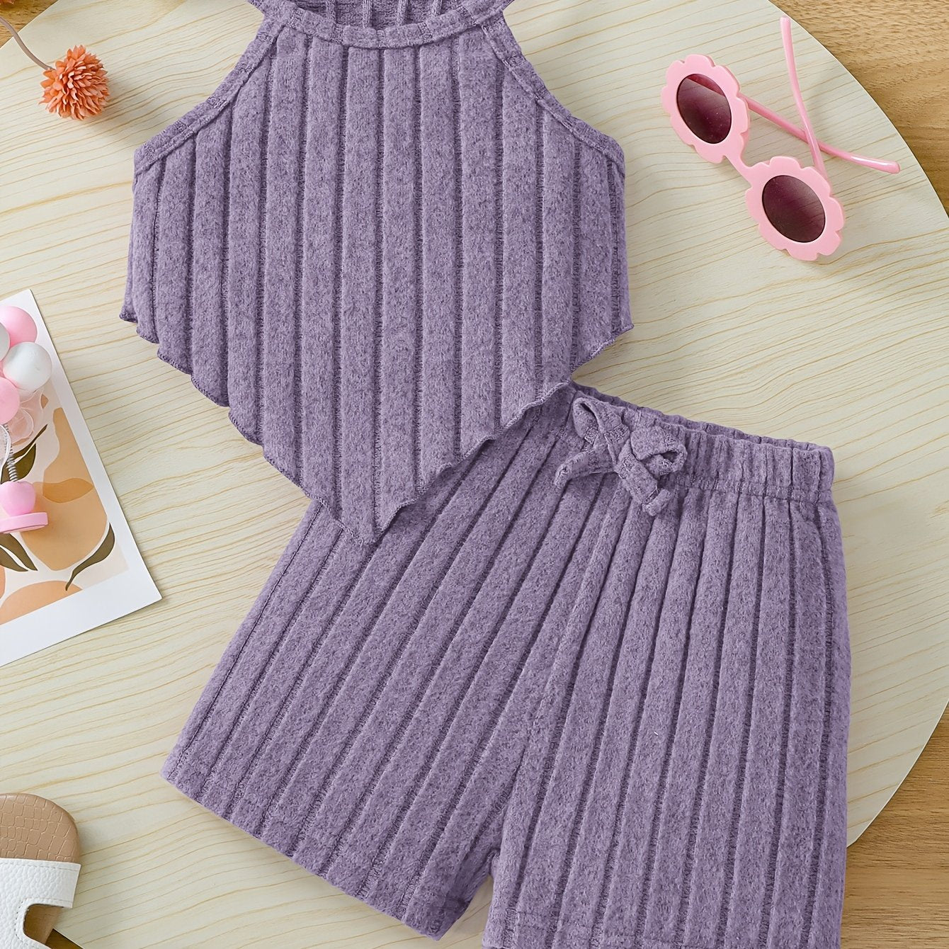 2pcs Summer Girls' Solid Color Crop Top and Bow-Decorated Striped Pants Set
