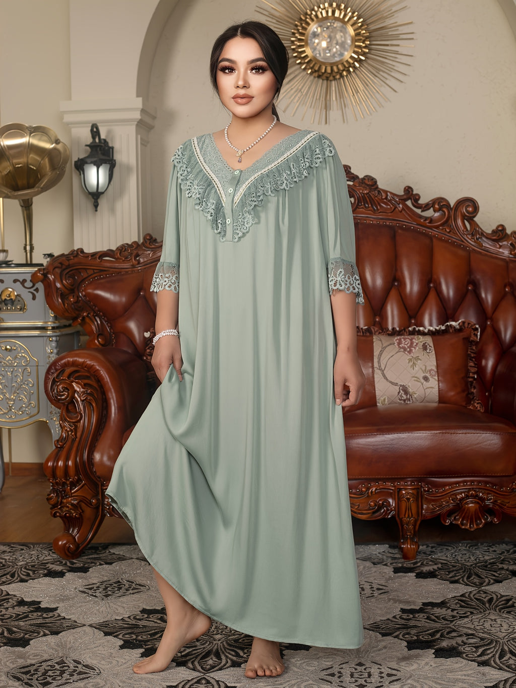 Plus Size Royal Style Nightgown - Long Sleeve V-Neck, Lace Detail, Light Green, Non-Stretch Fabric