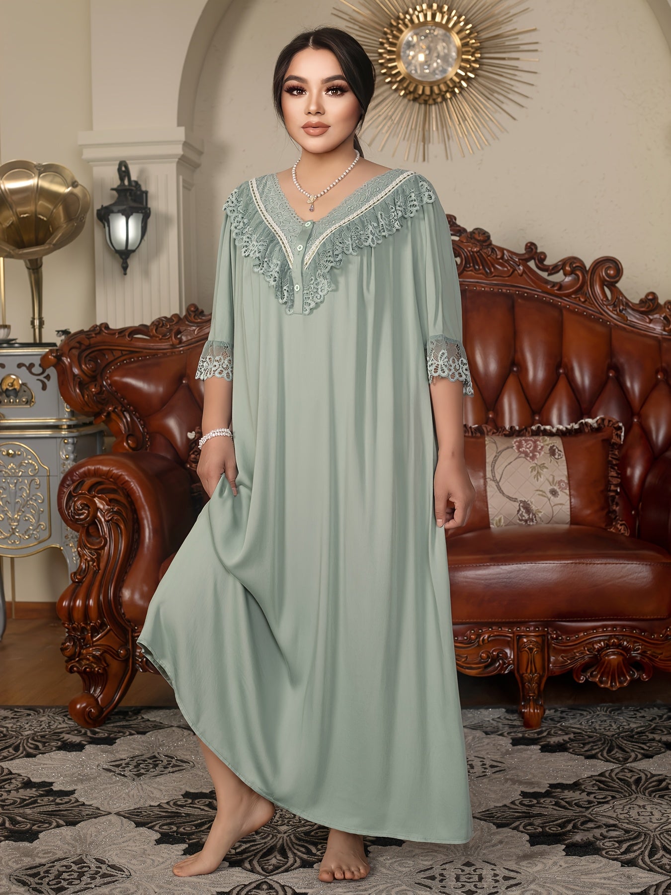 Plus Size Royal Style Nightgown - Long Sleeve V-Neck, Lace Detail, Light Green, Non-Stretch Fabric