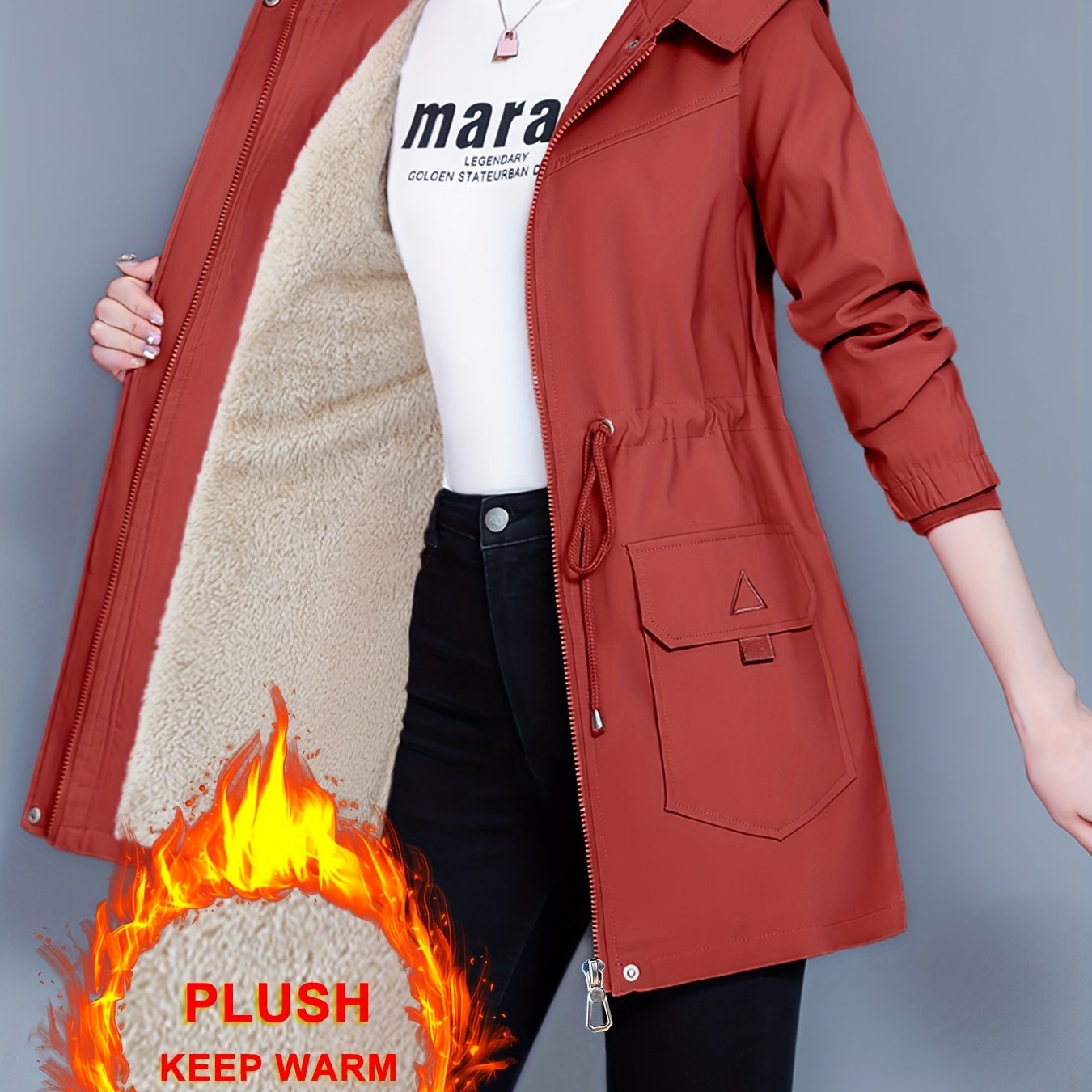 Kesixsty Women's Mid-Length Hooded Windbreaker Jacket with Plush Lining