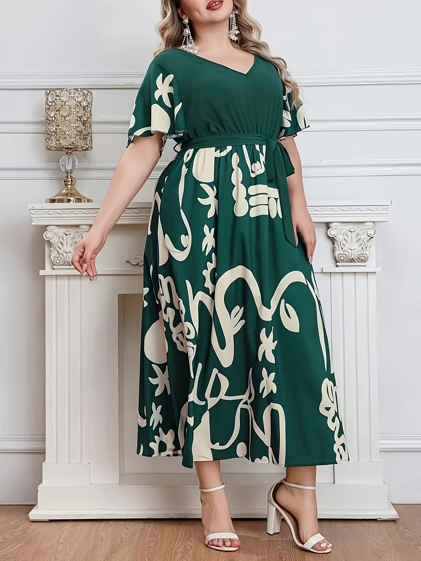 Elegant Short Sleeve V Neck Longline Dress With Belt For Plus Size Women