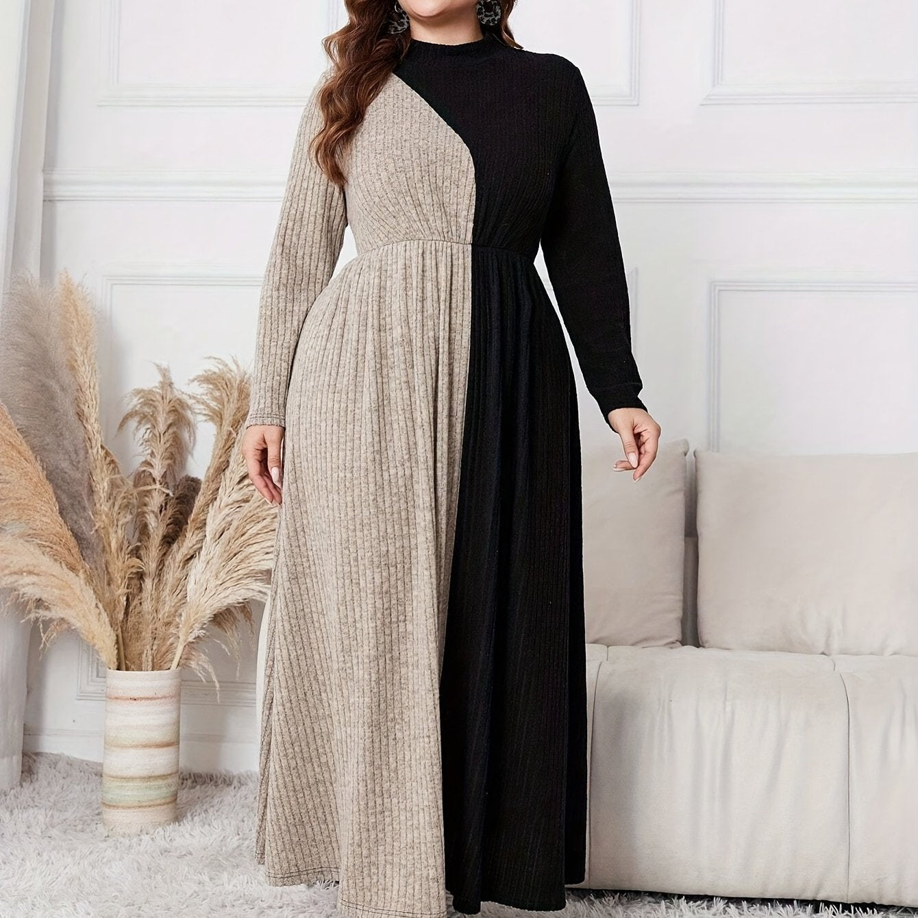 Women's Elegant French-Style Full-Length Dress with Long Sleeves