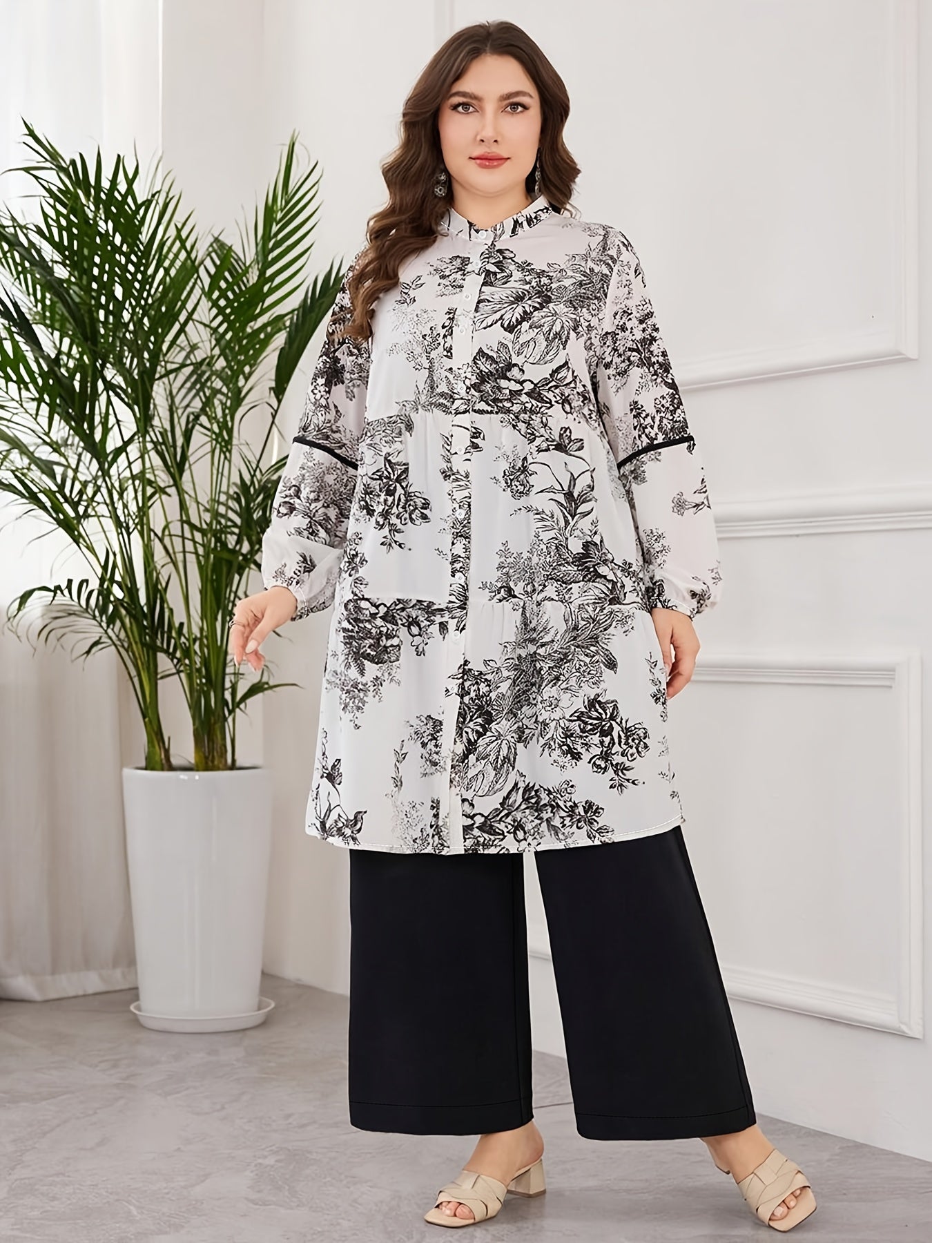Plus Size 2pcs Set, Fashion Women's Floral Print Shirt Cardigan Top