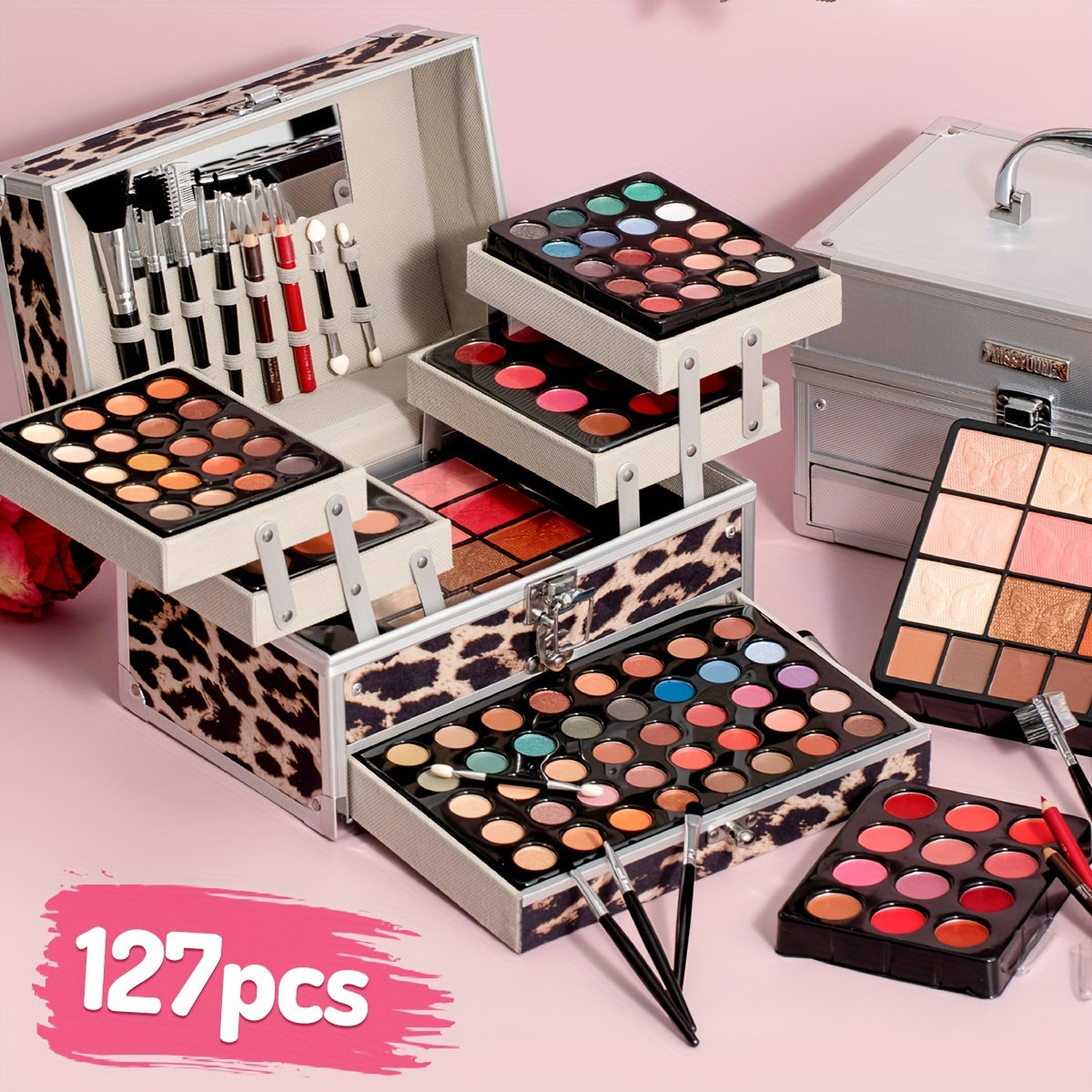 127pcs Leopard Print Makeup Gift Box, Eyeshadow Blush Highlighter Small Mirror Makeup Brush Multi-Purpose Women's Makeup Set, Surprise