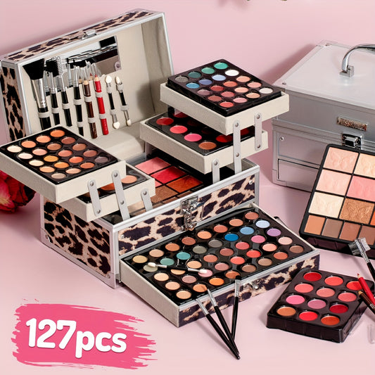 127pcs Leopard Print Makeup Gift Box, Eyeshadow Blush Highlighter Small Mirror Makeup Brush Multi-Purpose Women's Makeup Set, Surprise