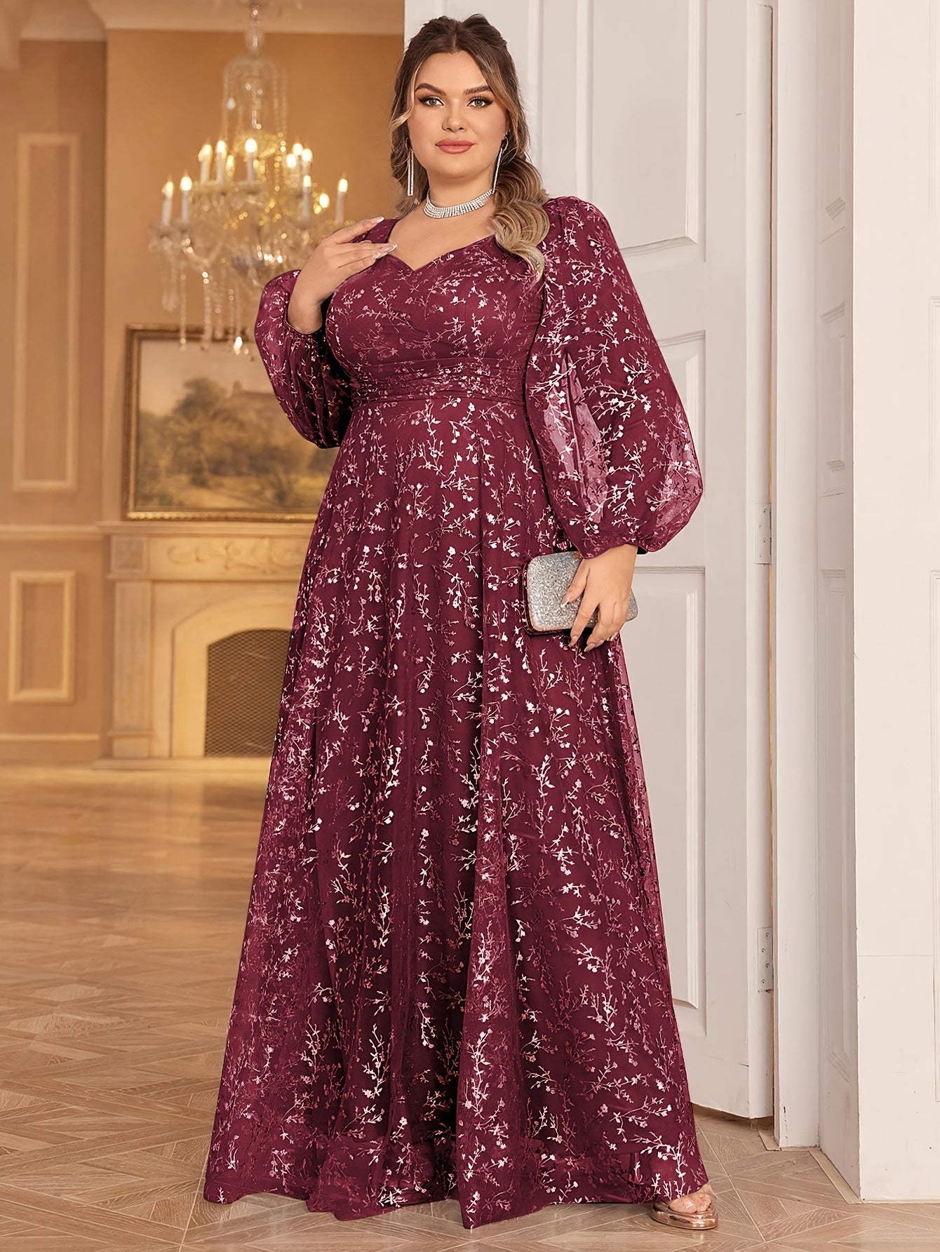 Plus Size, Plus Size Women's Golden Foil Floral Mesh Sweetheart Neck Lantern Sleeve