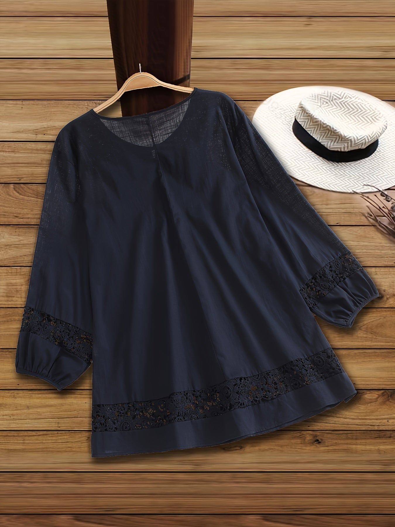 Casual Tie-neck 3/4 Sleeve Blouse For Spring, Women's Plus Size
