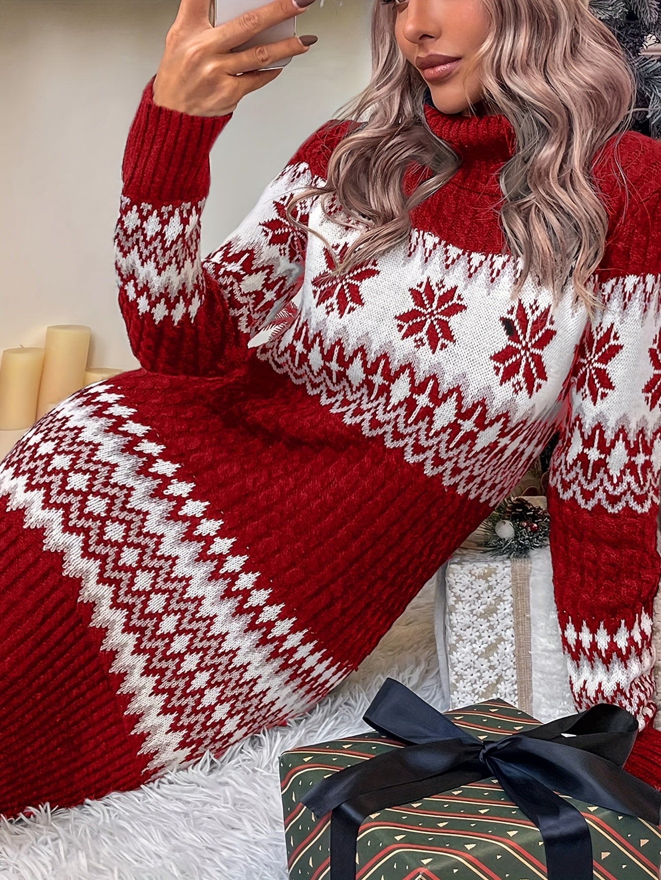 Women's Christmas Sweater Dress - Red & Snowflake Pattern, High Neck Long Sleeve Winter