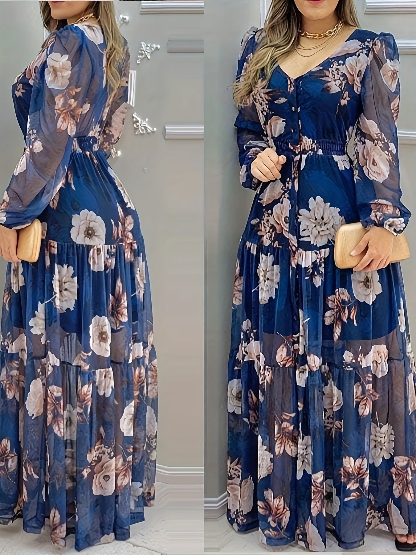 Elegant Floral Print 1pc V-Neck Maxi Dress