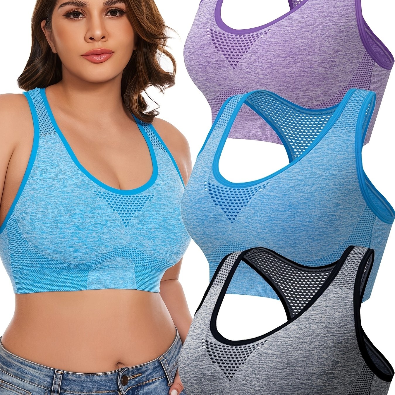 3pcs Plus Size Sports Bras, Polyamide Blend, Hollow Mesh Design, Low Support, Removable Padding, Crew Neck, Medium Stretch, Knit Fabric,