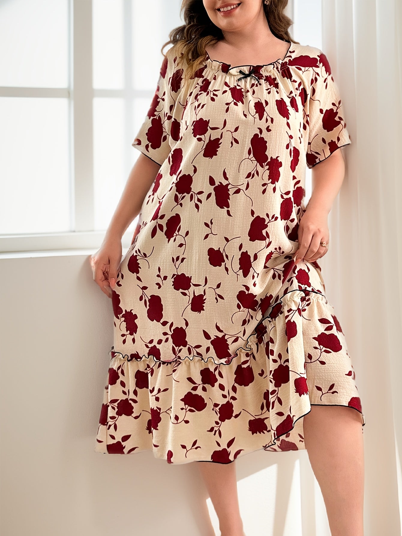 Elegant Plus Size Floral Print Dress with Bow Detail - Ruffle Hem, Short Sleeve, Polyester, Perfect for Adult Women, All-Season Comfort, Adult