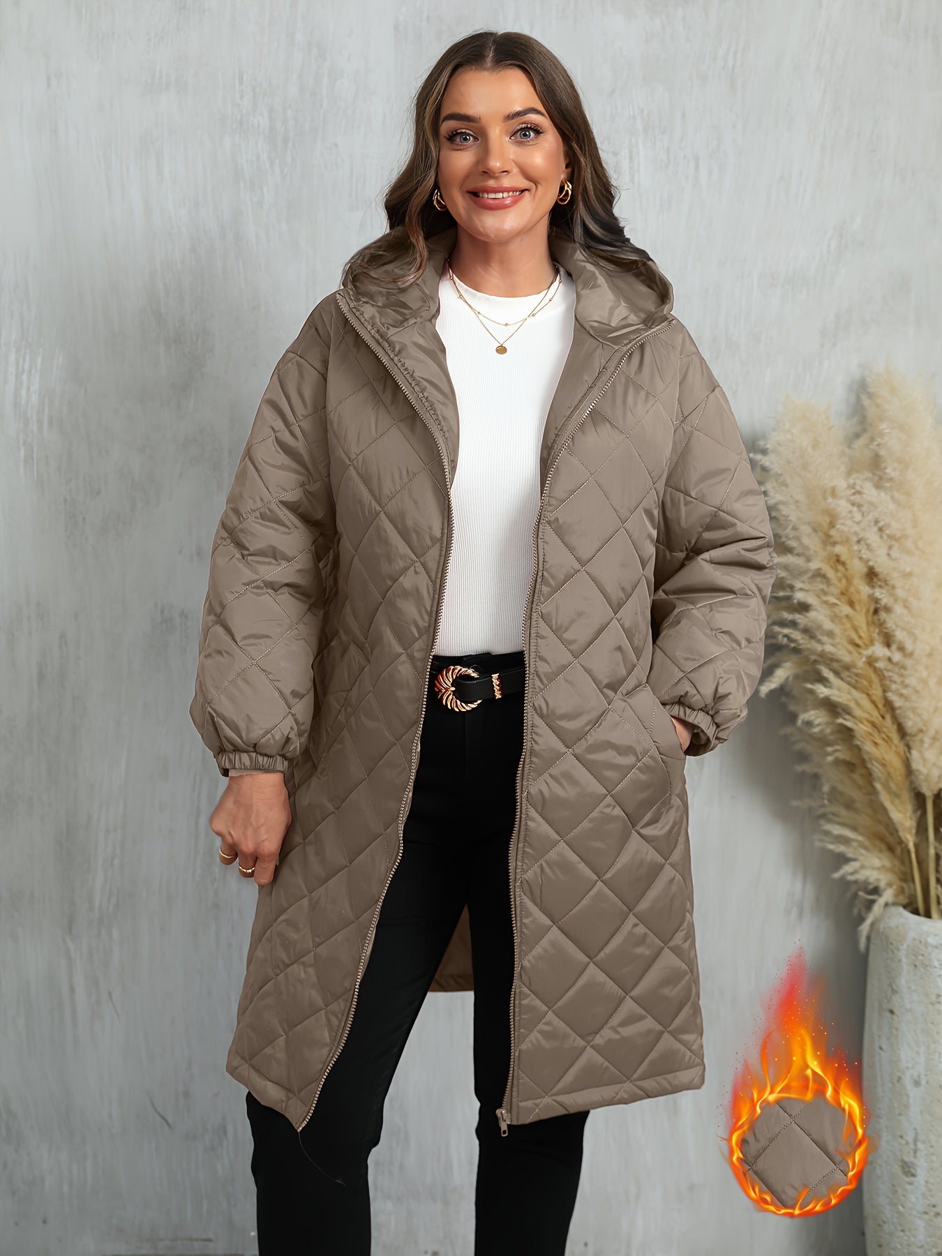 Plus Size, Women's Oversized Elegant Hooded Full-Zip Windproof Winter Coat - Heavy-Duty Warm