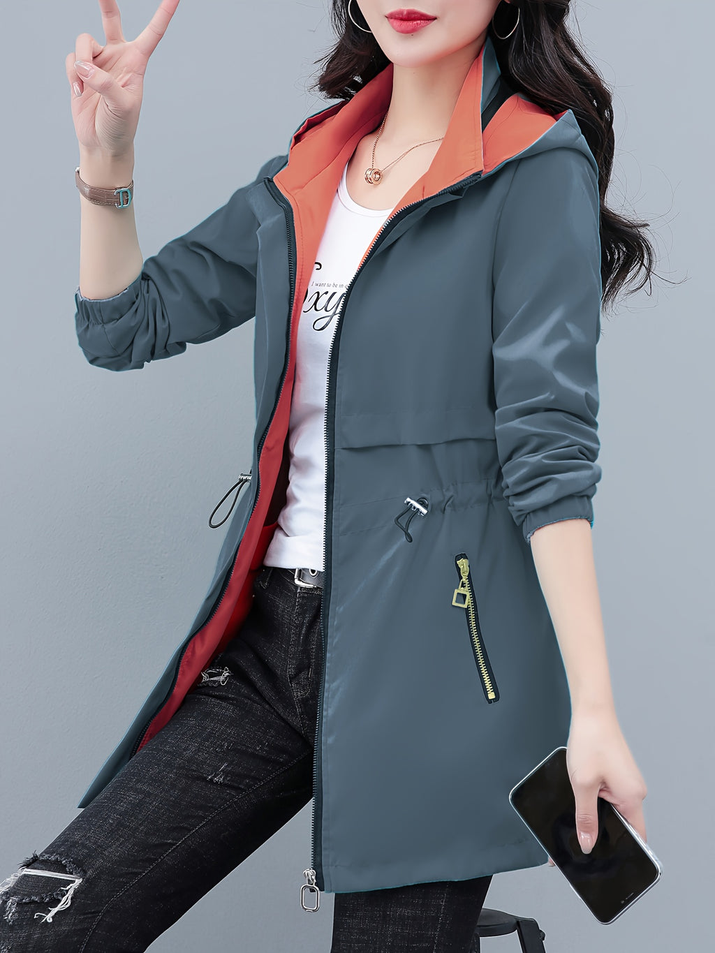 Women's Reversible Long Sleeve Windbreaker Jacket, Fit, Detachable Hood & Zipper Closure