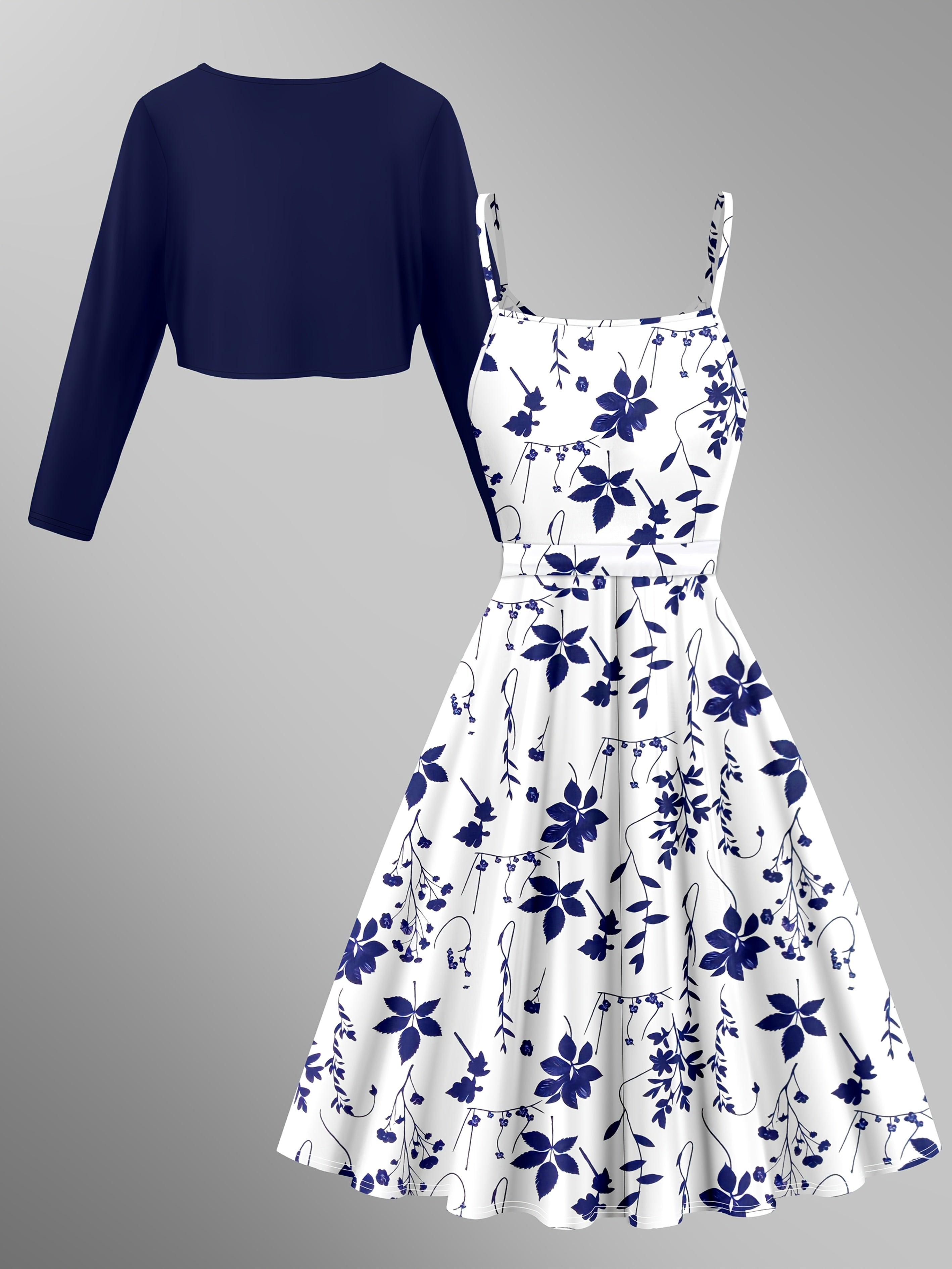 Women's elegant skirt suit, solid color long-sleeved cardigan with floral print suspender dress 2pcs set