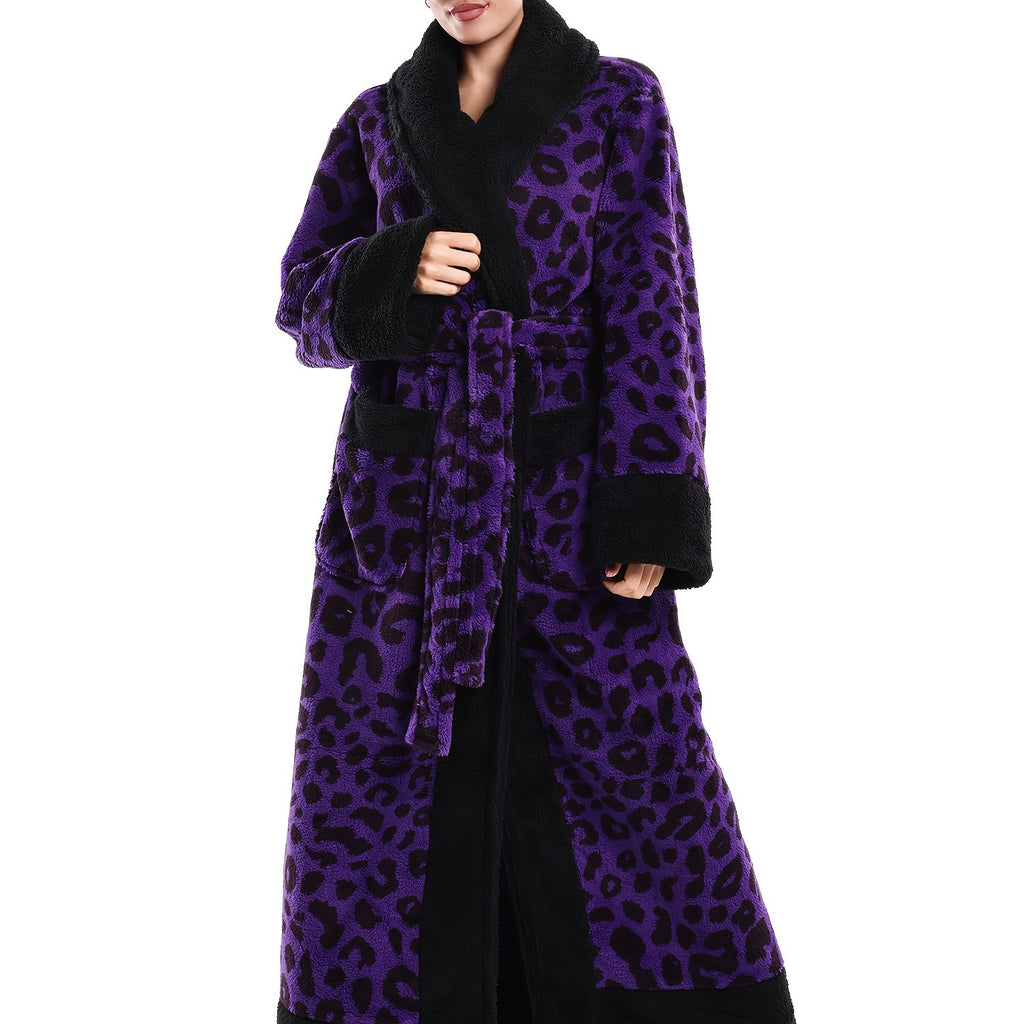 1pc Women's Elegant Leopard Print Robe & Sleepwear - Oversized Winter Cozy Plush Bathrobe