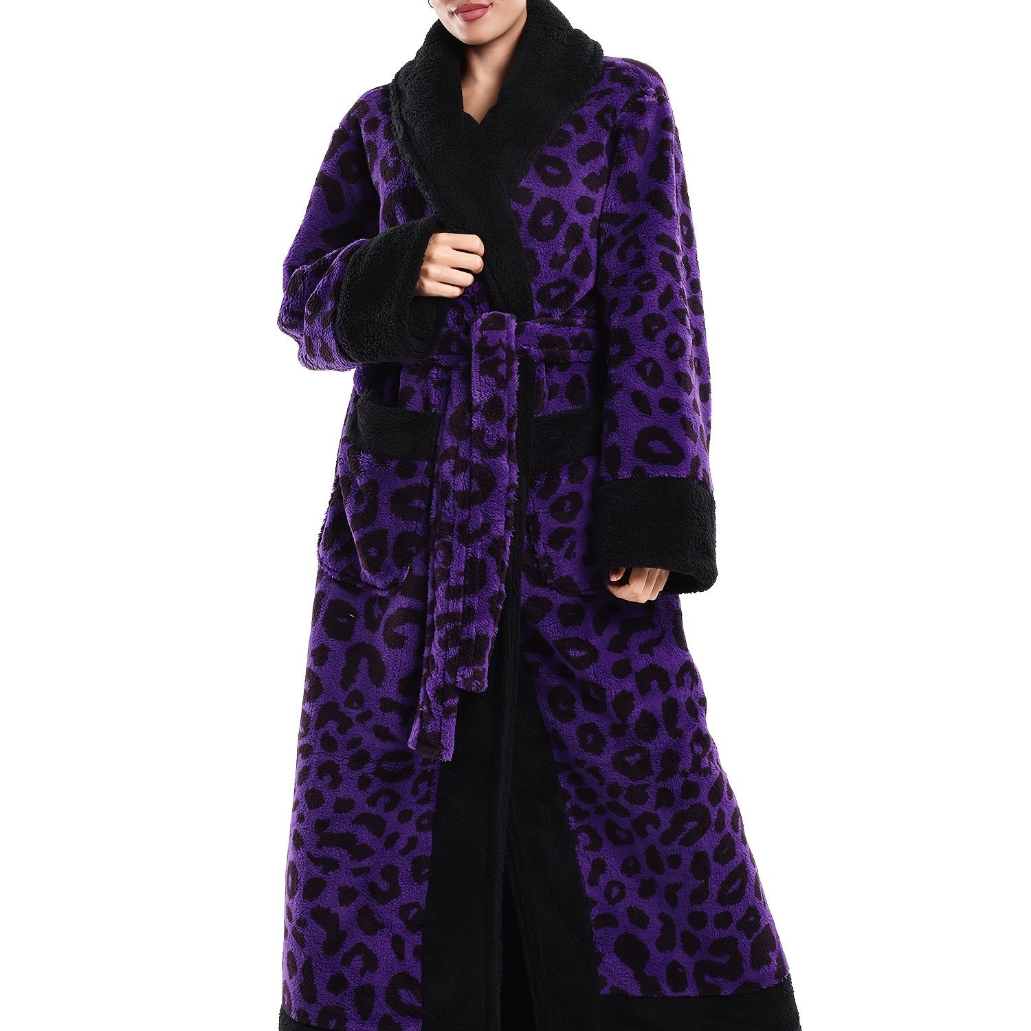 1pc Women's Elegant Leopard Print Robe & Sleepwear - Oversized Winter Cozy Plush Bathrobe