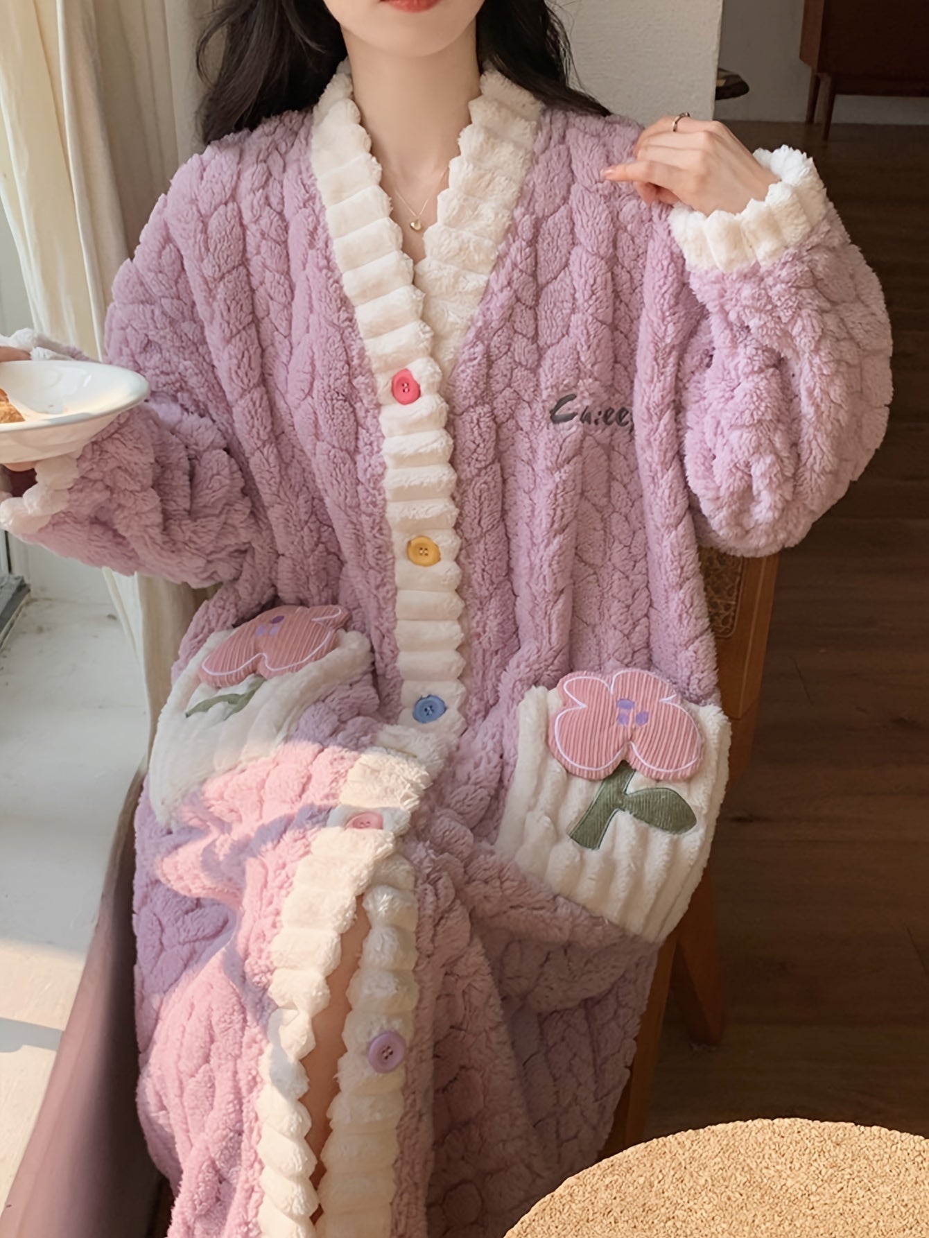 Cozy Coral Fleece V-Neck Long Sleeve Night Dress with Pockets - Plus Size Sleepwear