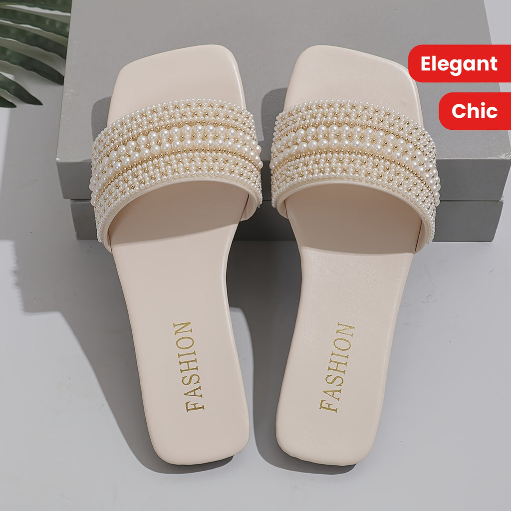 Elegant Women's Summer Flat Slide Sandals - Chic Square Toe with Pearl & Rhinestone Embellishments, Casual Slip-On Design, Faux Cover