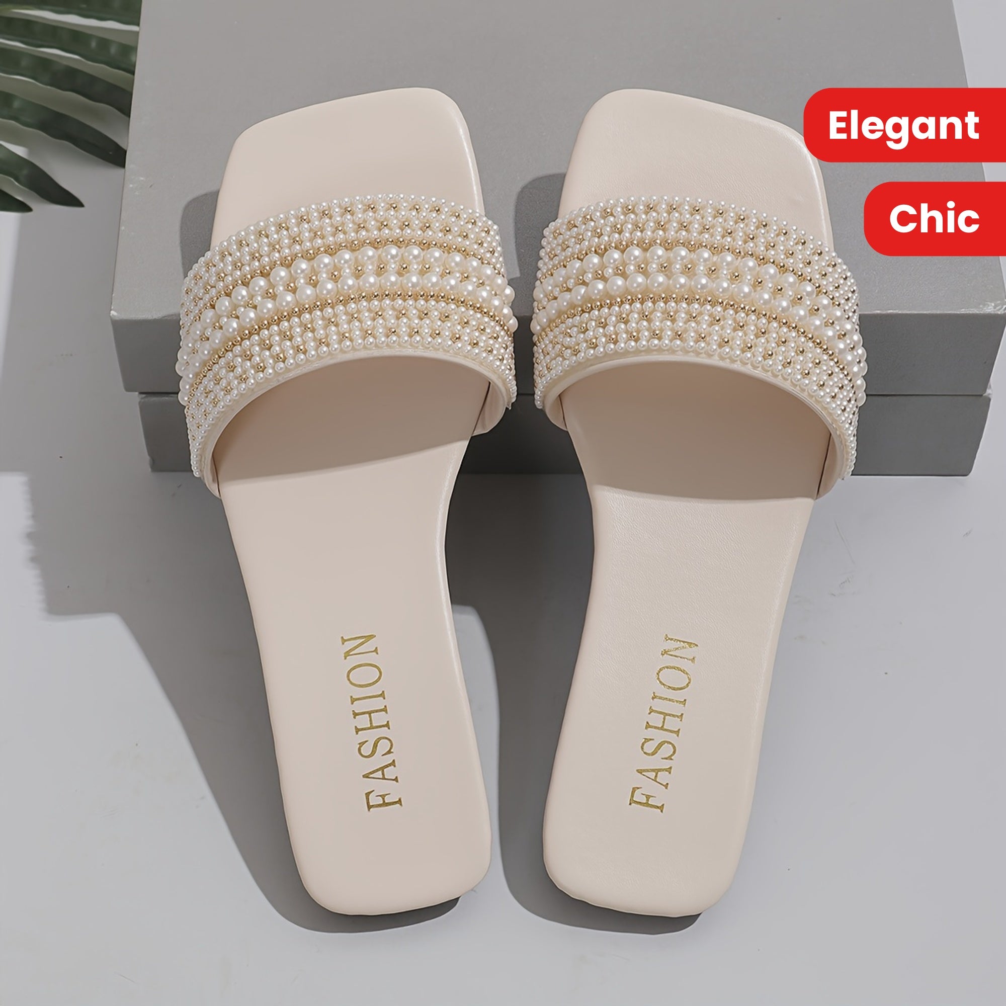 Elegant Women's Summer Flat Slide Sandals - Chic Square Toe with Pearl & Rhinestone Embellishments, Casual Slip-On Design, Faux Cover