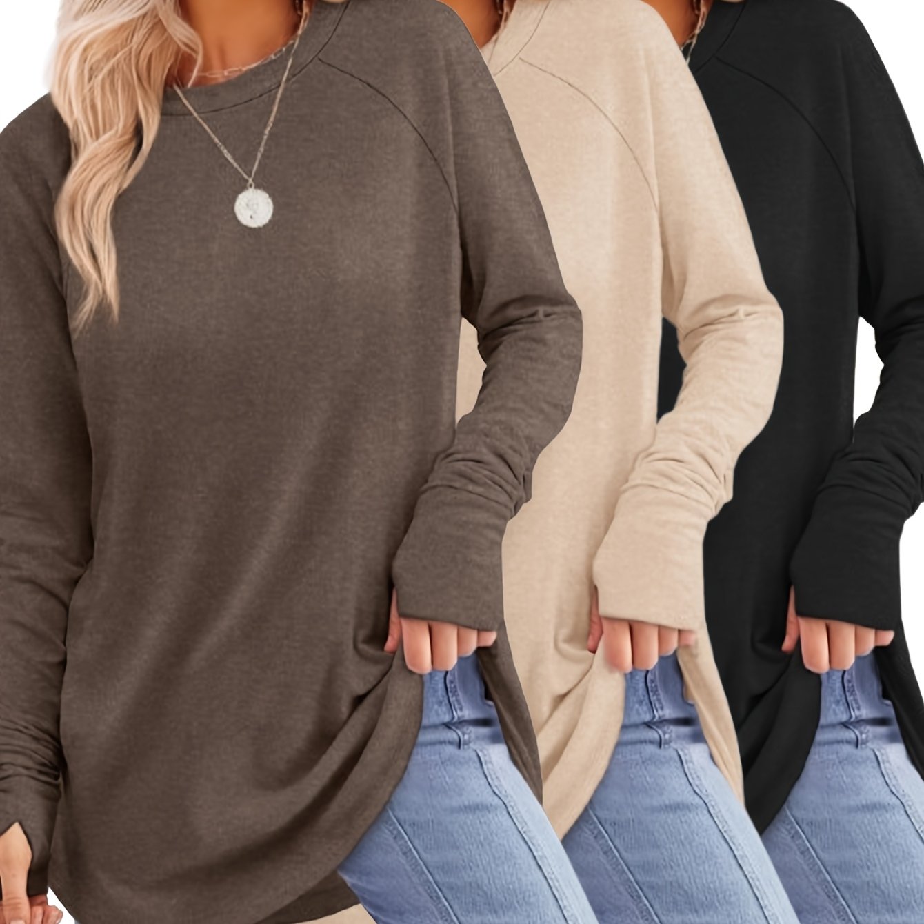Women's Casual Long Sleeve T-Shirt with Thumb Hole - Solid Color