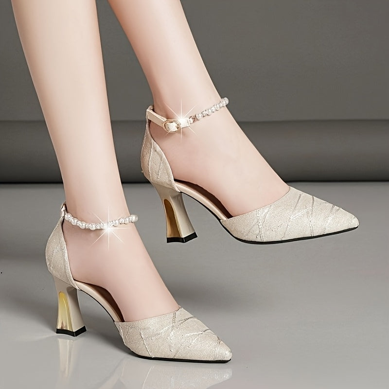 Mid-High Heel Pearl Strap Sandals