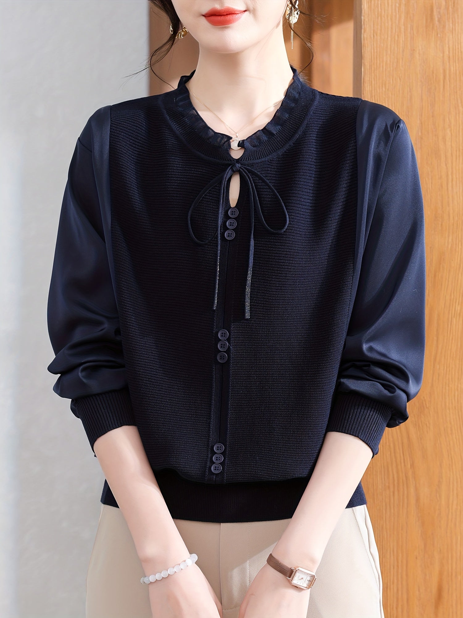 Women's Long-Sleeve Blouse - Age-Defying Tunic Top, Beige-Friendly & Breathable