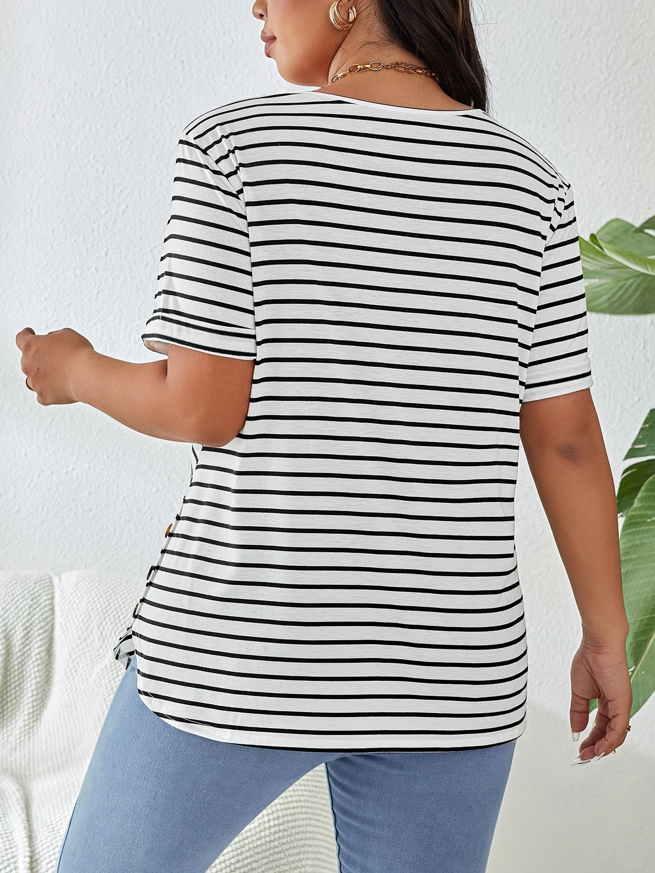 Plus Size Women's Elegant Striped Round Neck T-Shirt - Black & White Horizontal Stripes, Medium Stretch, Button Detail, Spring Summer Fall