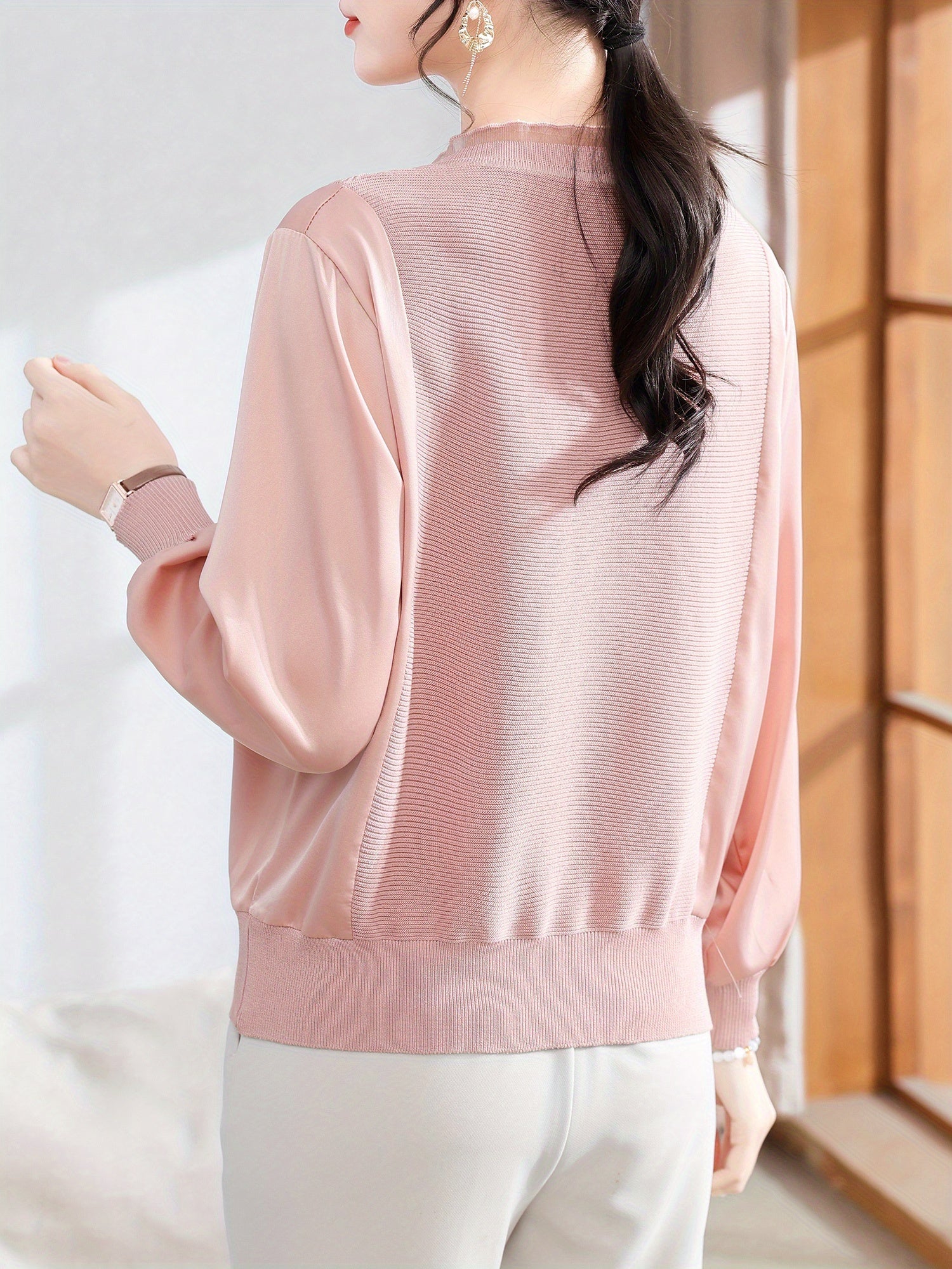 Women's Long-Sleeve Blouse - Age-Defying Tunic Top, Beige-Friendly & Breathable